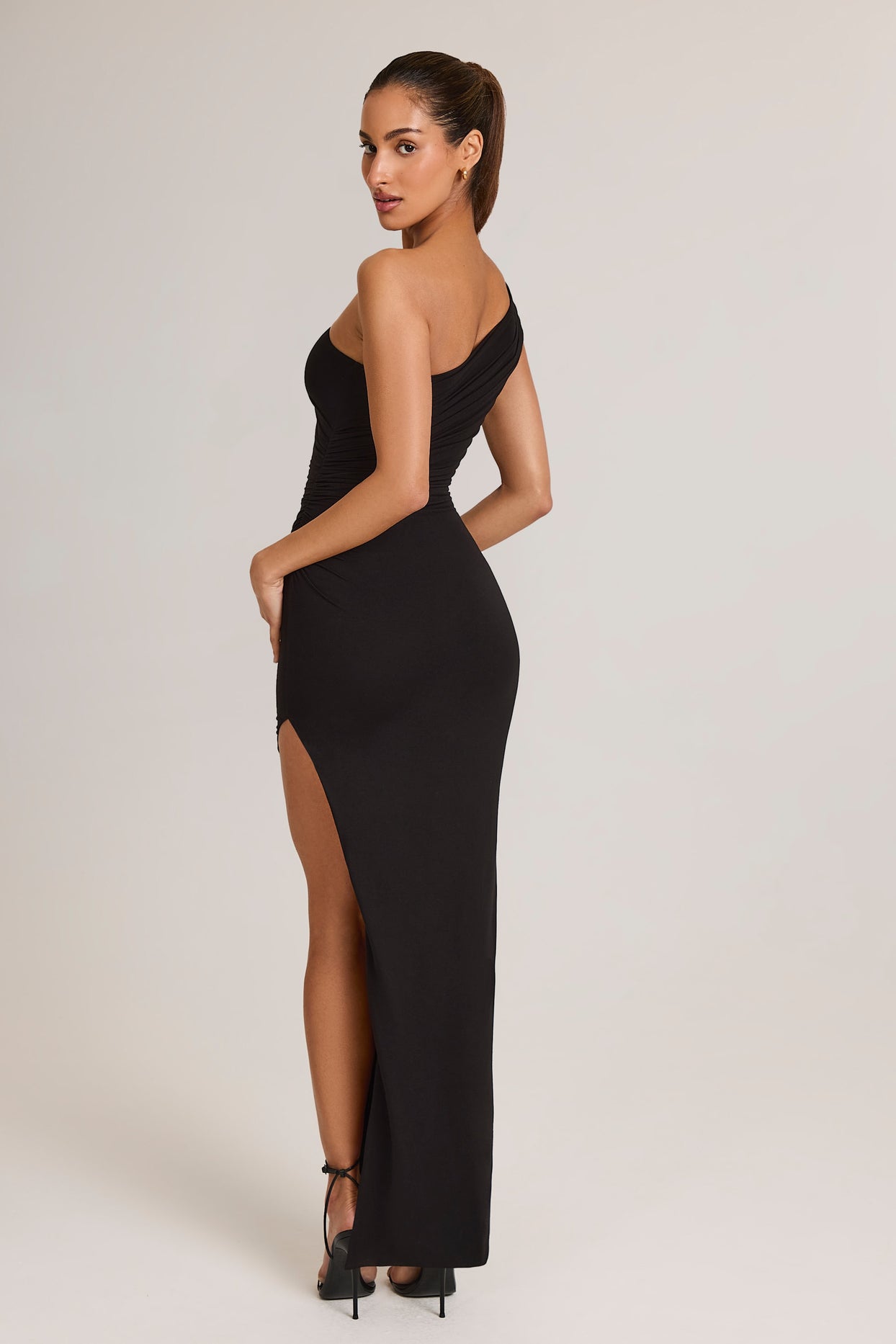 Modal Asymmetric Ruched Maxi Dress in Black - 6