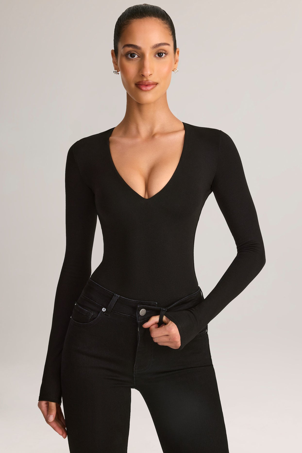Modal Plunge Long-Sleeve Bodysuit in Black - 5