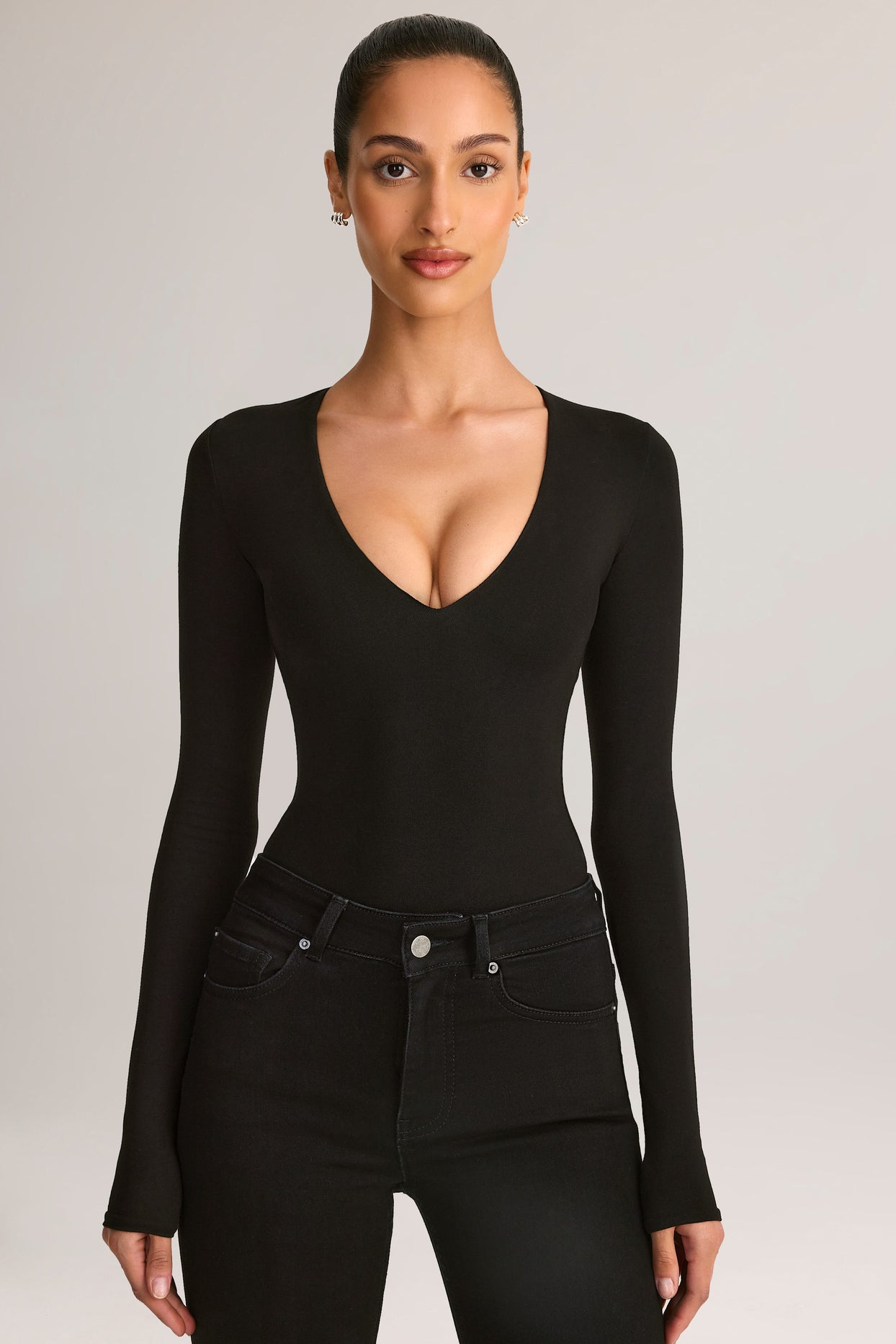 Modal Plunge Long-Sleeve Bodysuit in Black - 1