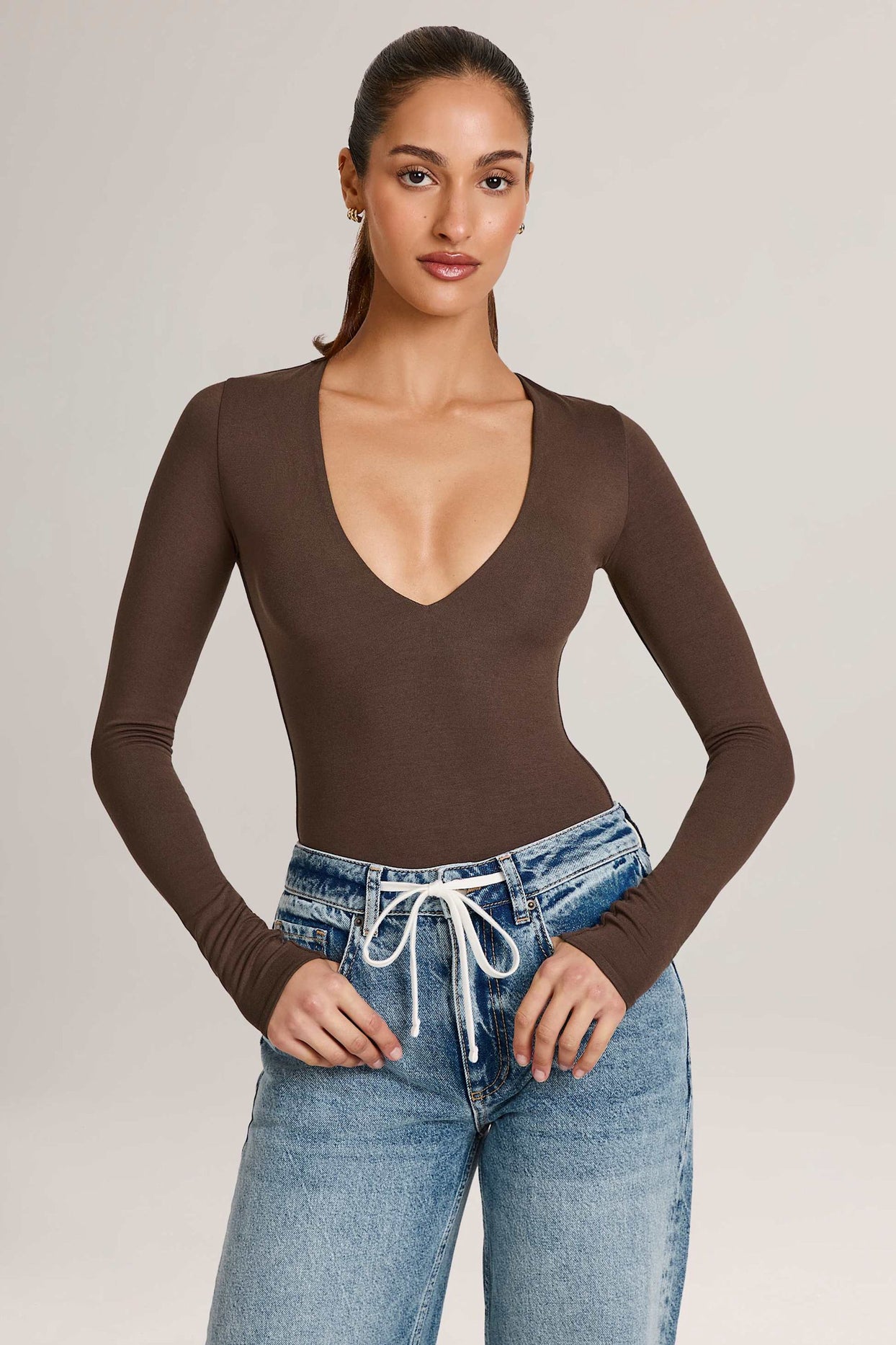 Modal Plunge Long-Sleeve Bodysuit in Chocolate Brown - 7