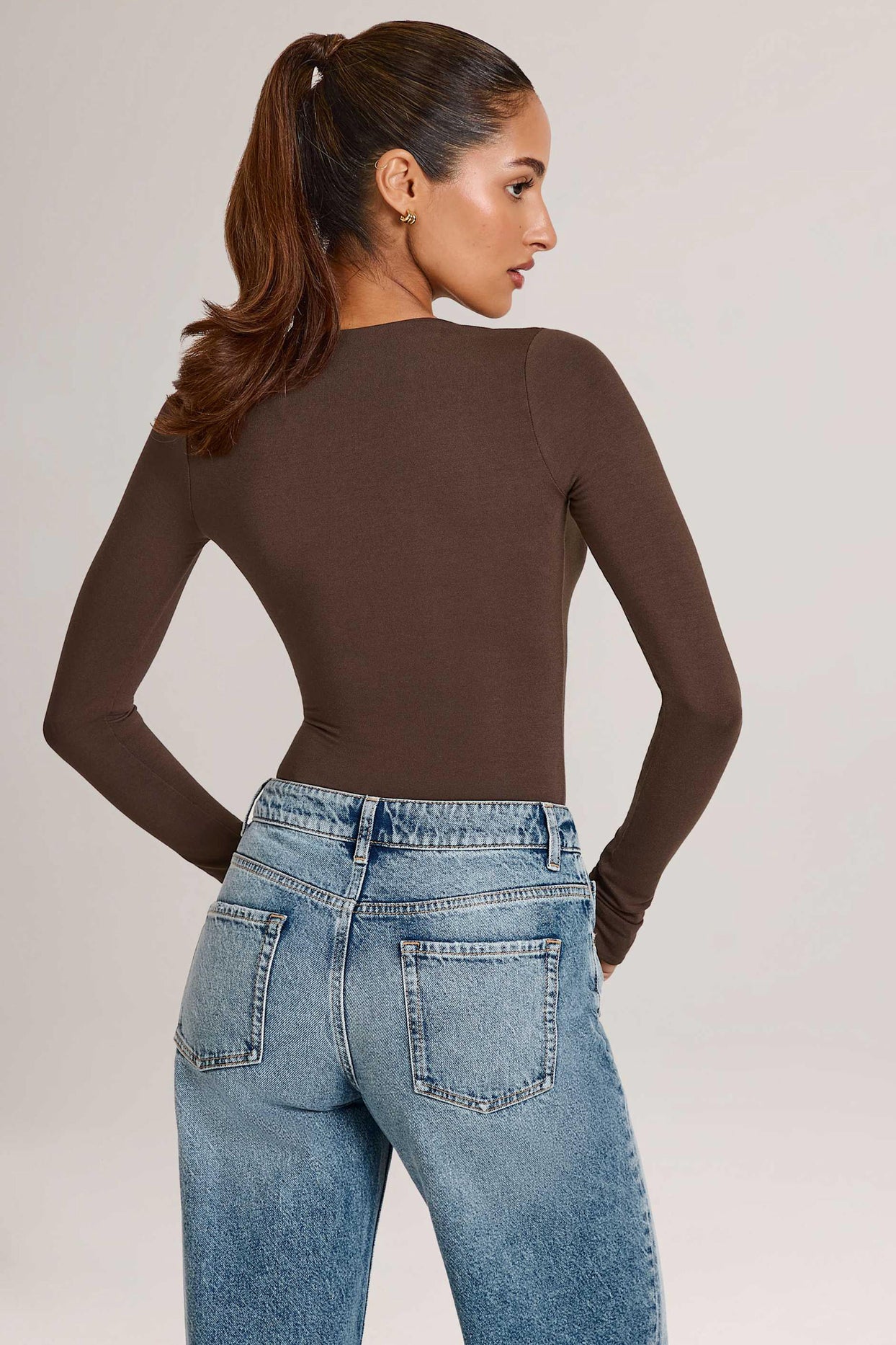 Modal Plunge Long-Sleeve Bodysuit in Chocolate Brown - 2