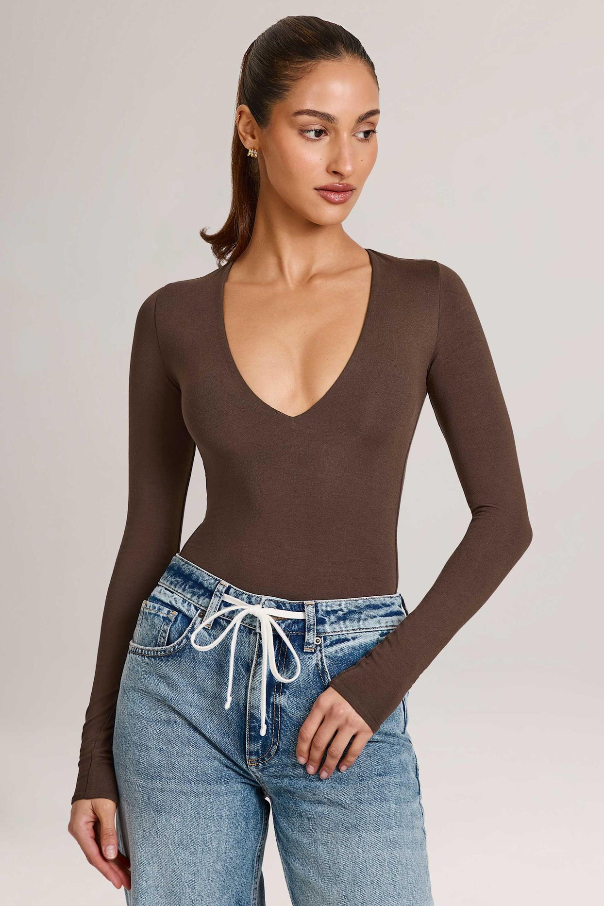 Modal Plunge Long-Sleeve Bodysuit in Chocolate Brown - 5