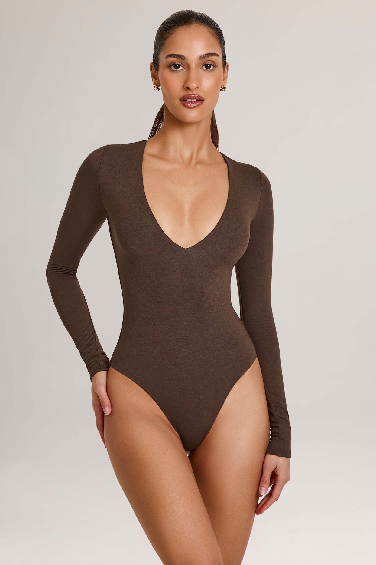 Modal Plunge Long-Sleeve Bodysuit in Chocolate Brown - 4