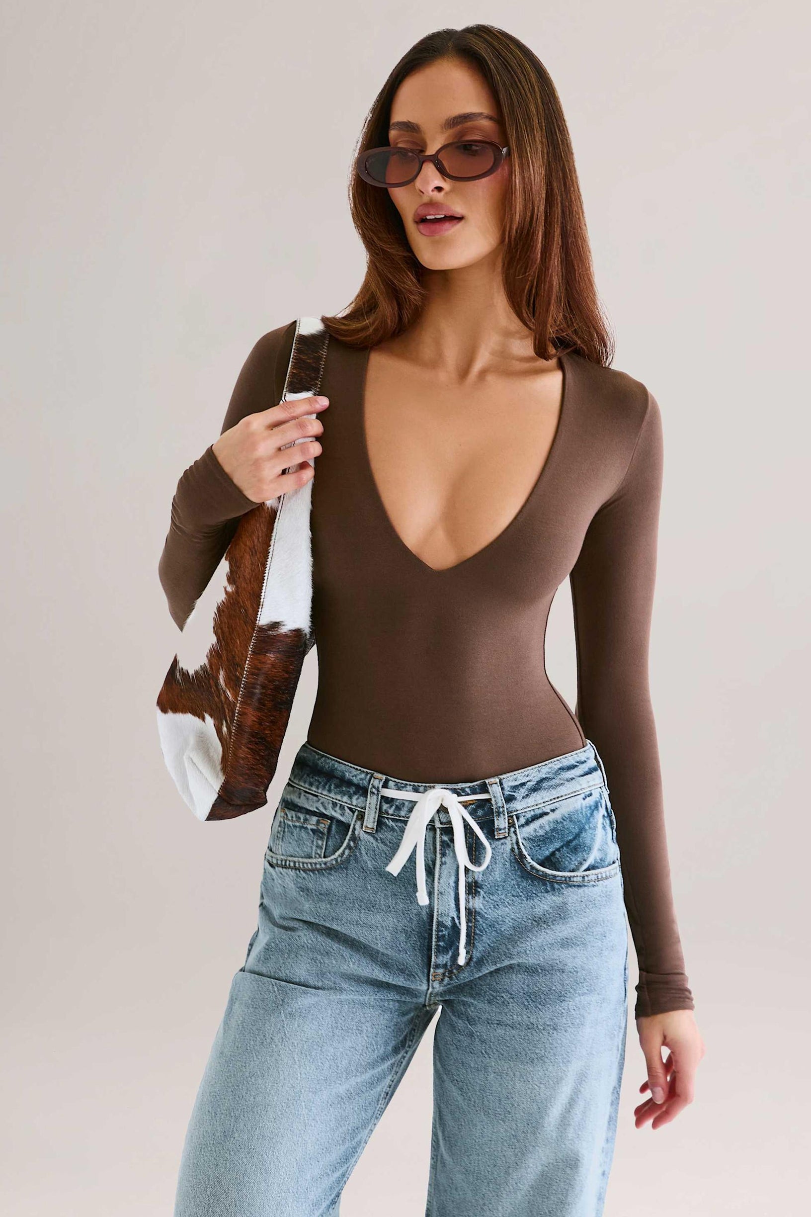 Modal Plunge Long-Sleeve Bodysuit in Chocolate Brown - 1
