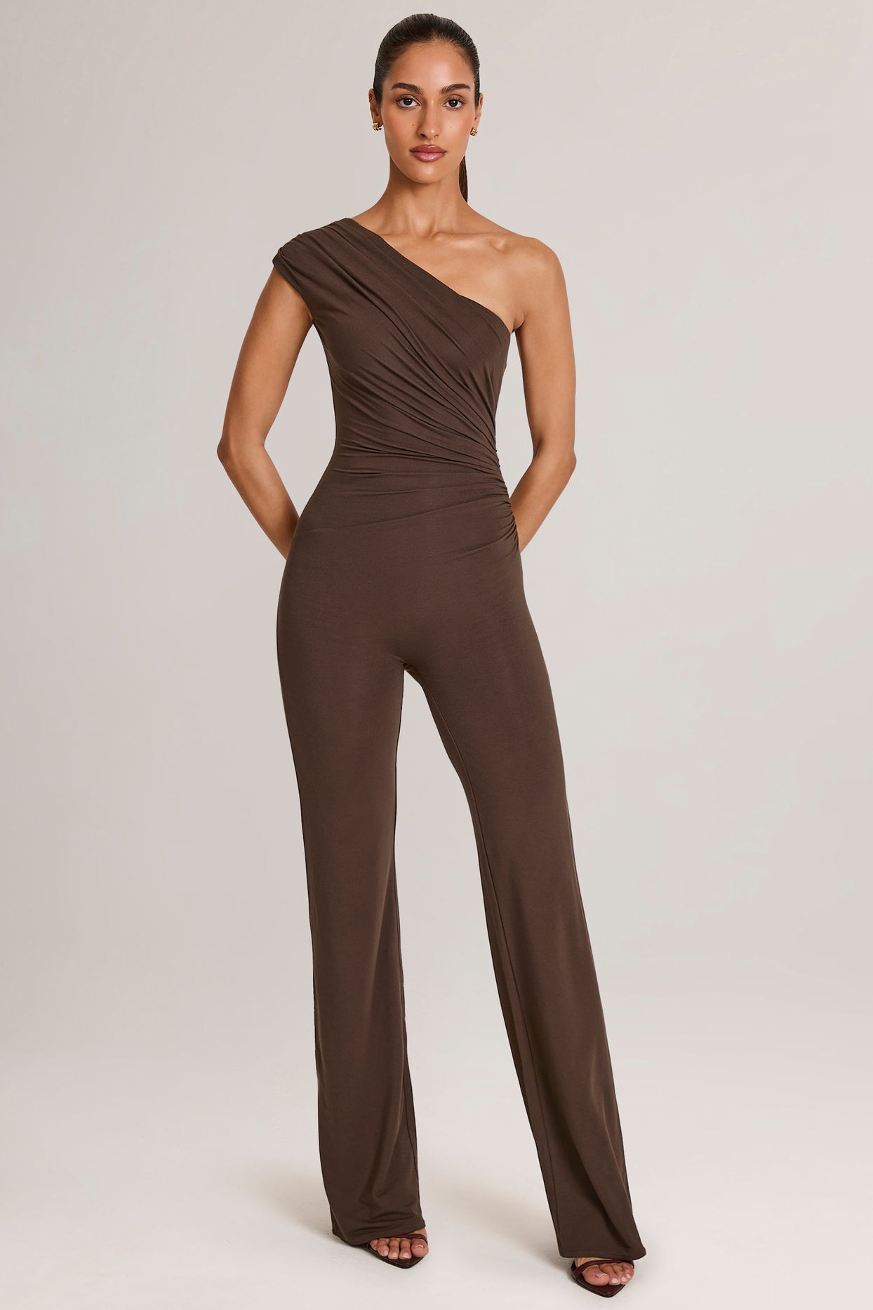 Modal One-Shoulder Jumpsuit in Chocolate Brown - 5