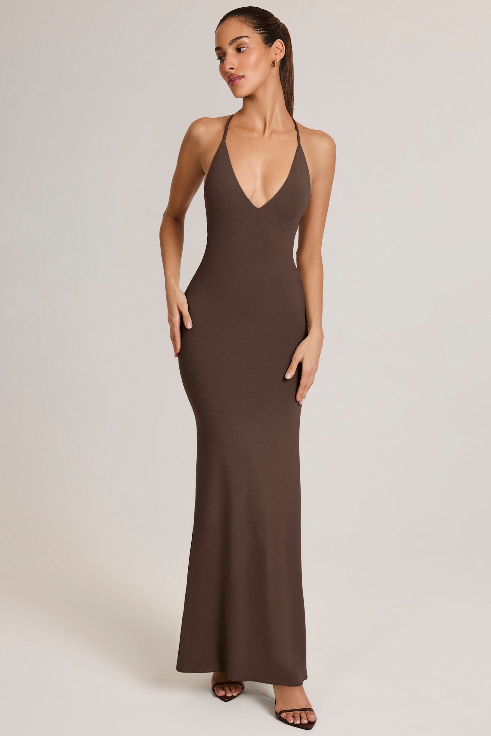 Modal Plunge Backless Maxi Dress in Chocolate Brown - 2
