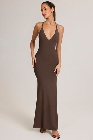 Oh Polly model Yasmin wearing the Leire Maxi Dress in Chocolate Brown Modal fabric perfect for date night