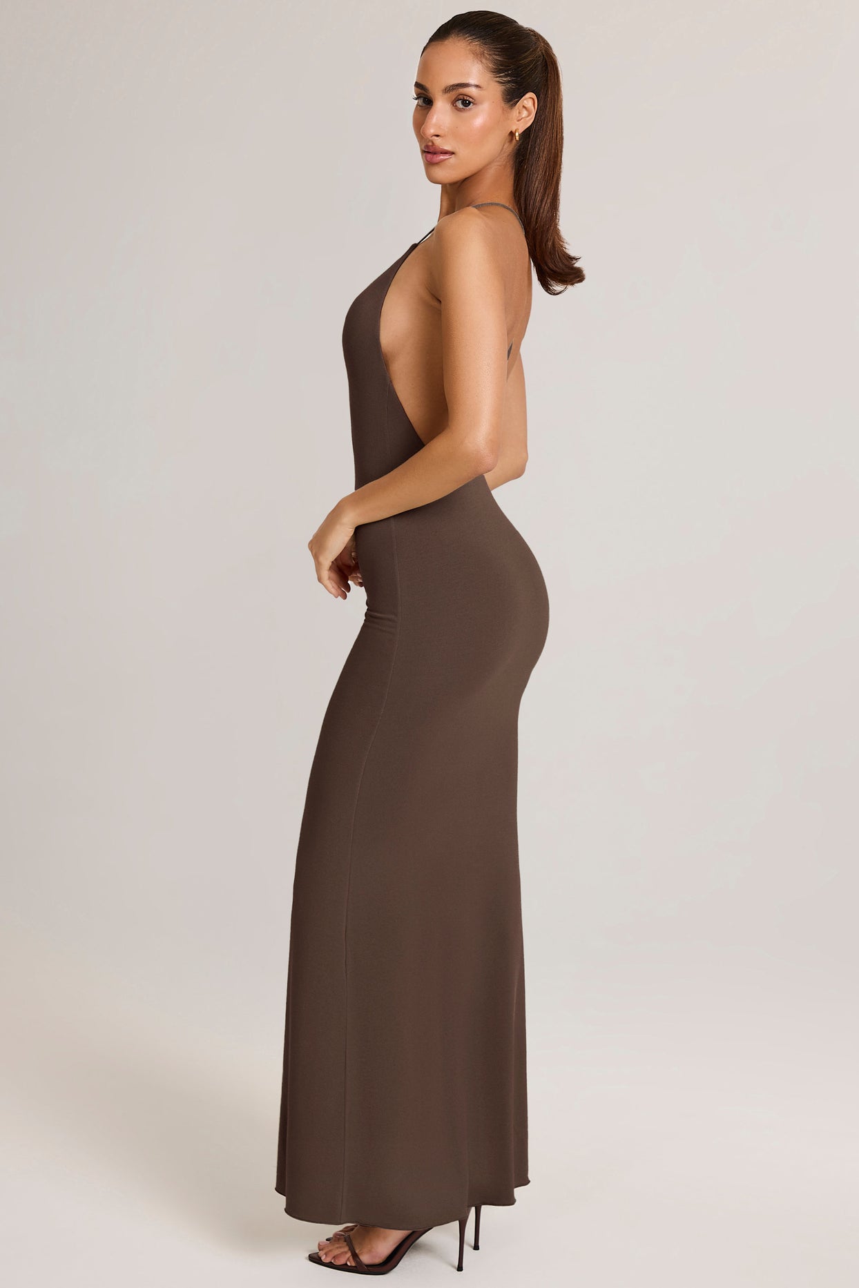 Modal Plunge Backless Maxi Dress in Chocolate Brown - 4