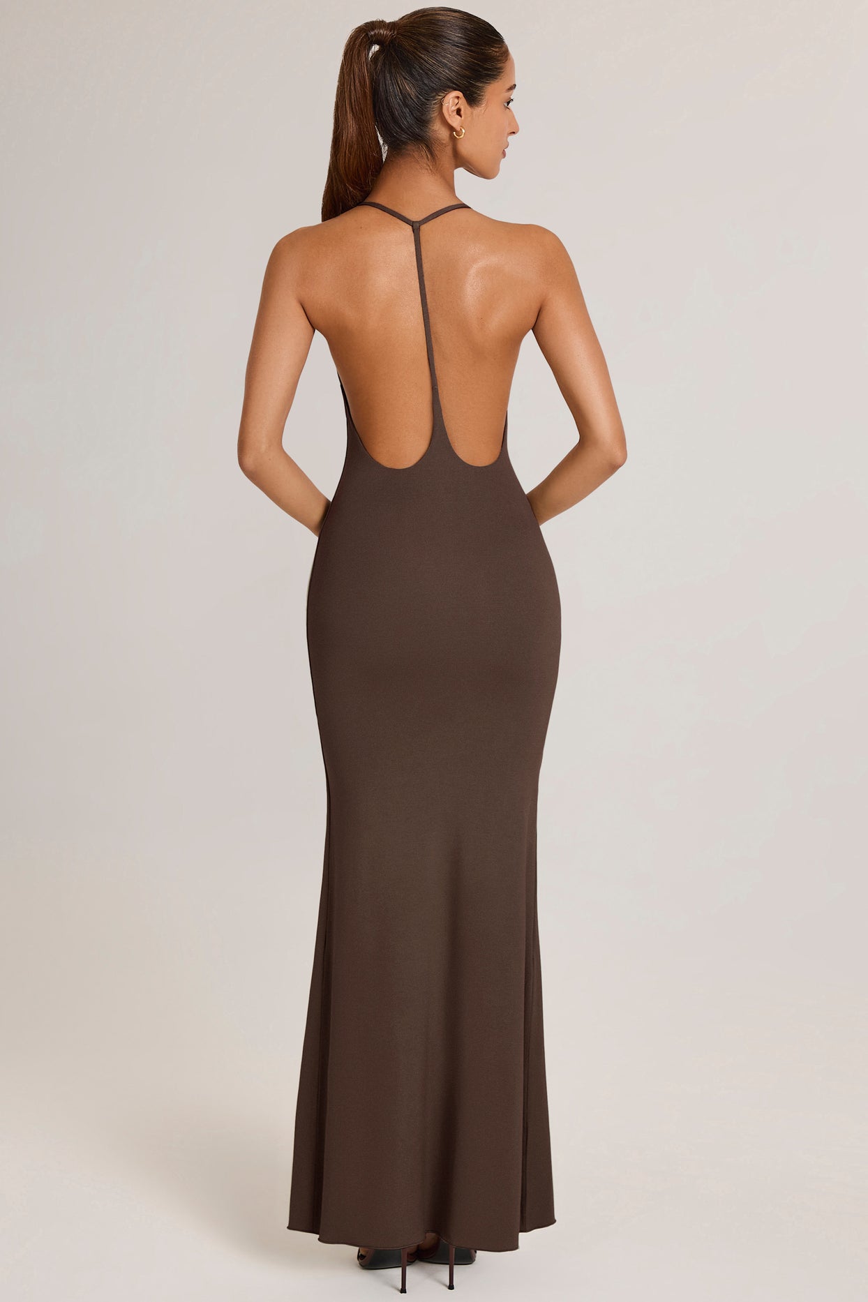 Modal Plunge Backless Maxi Dress in Chocolate Brown - 3
