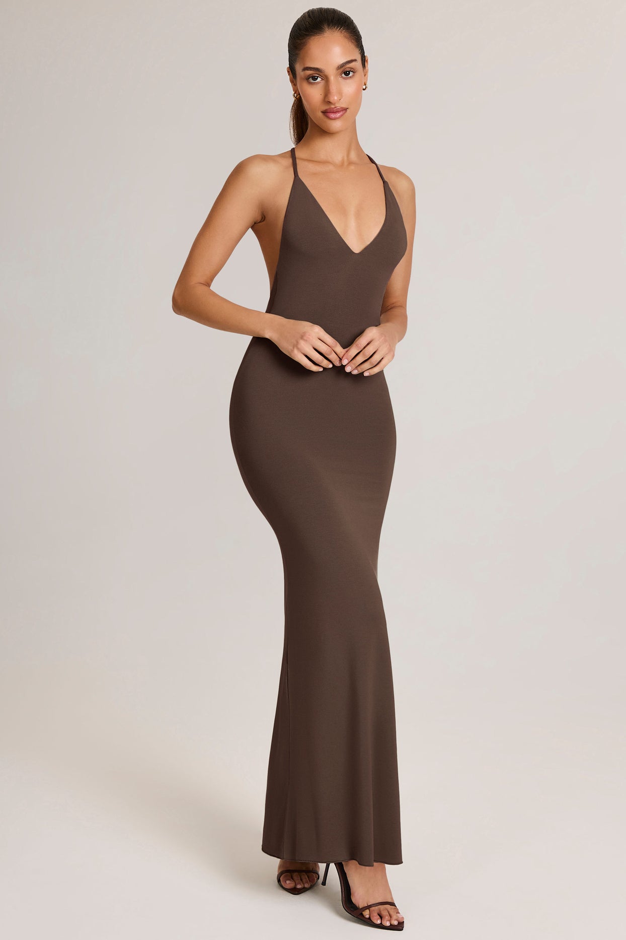 Modal Plunge Backless Maxi Dress in Chocolate Brown - 5