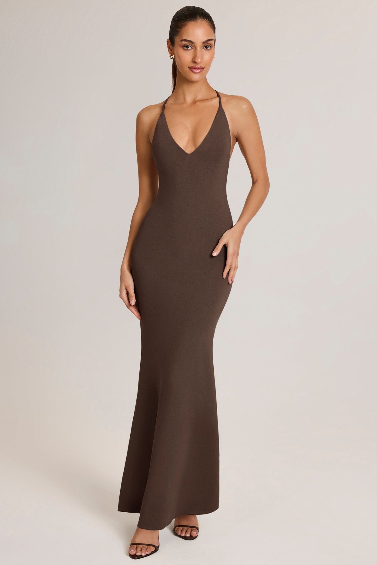 Modal Plunge Backless Maxi Dress in Chocolate Brown - 7