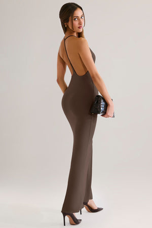 Oh Polly model Yasmin wearing the Leire Maxi Dress in Chocolate Brown Modal fabric perfect for formal gatherings