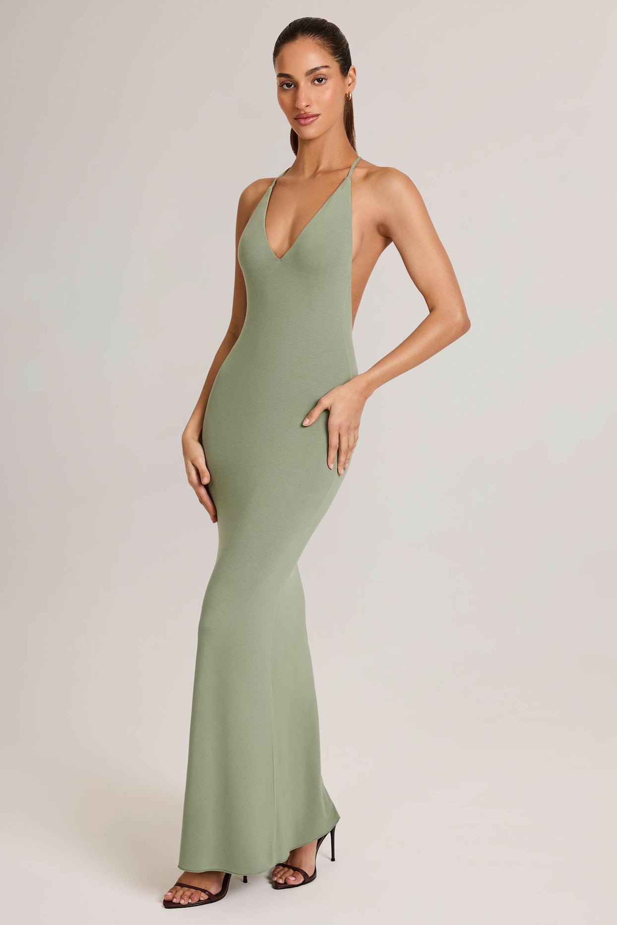 Modal Plunge Backless Maxi Dress in Sage Green - 6