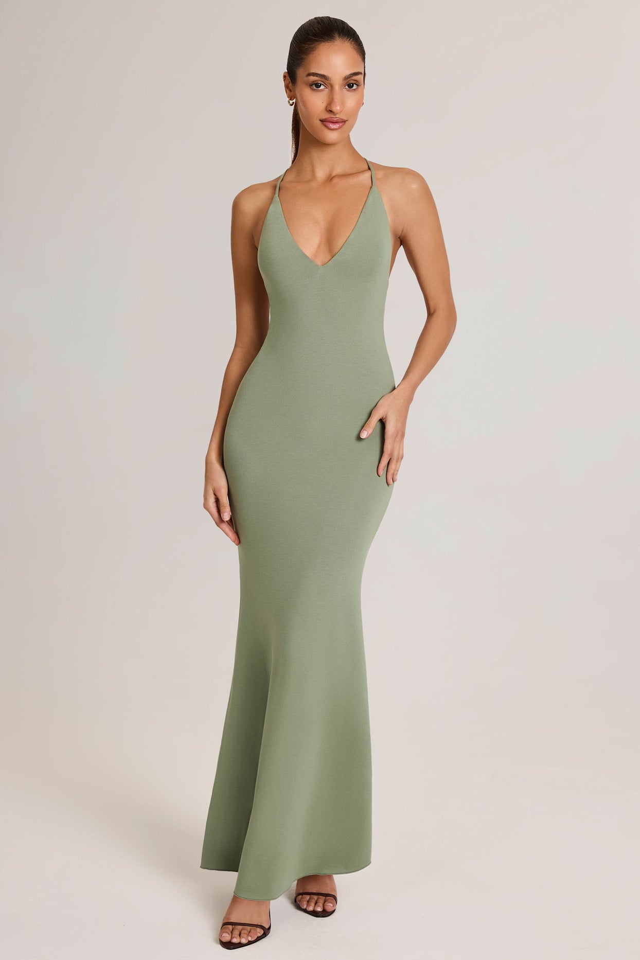 Modal Plunge Backless Maxi Dress in Sage Green - 2