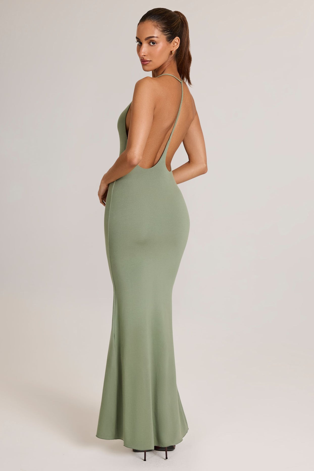 Modal Plunge Backless Maxi Dress in Sage Green - 4