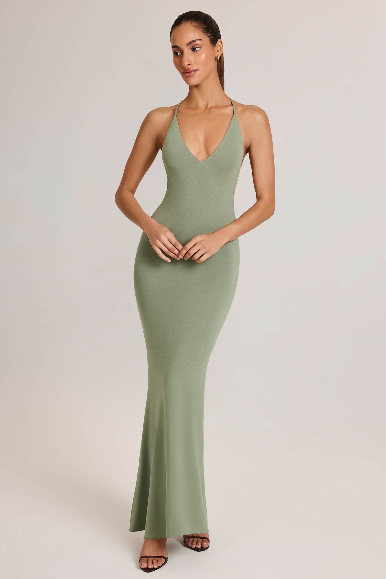 Modal Plunge Backless Maxi Dress in Sage Green - 7