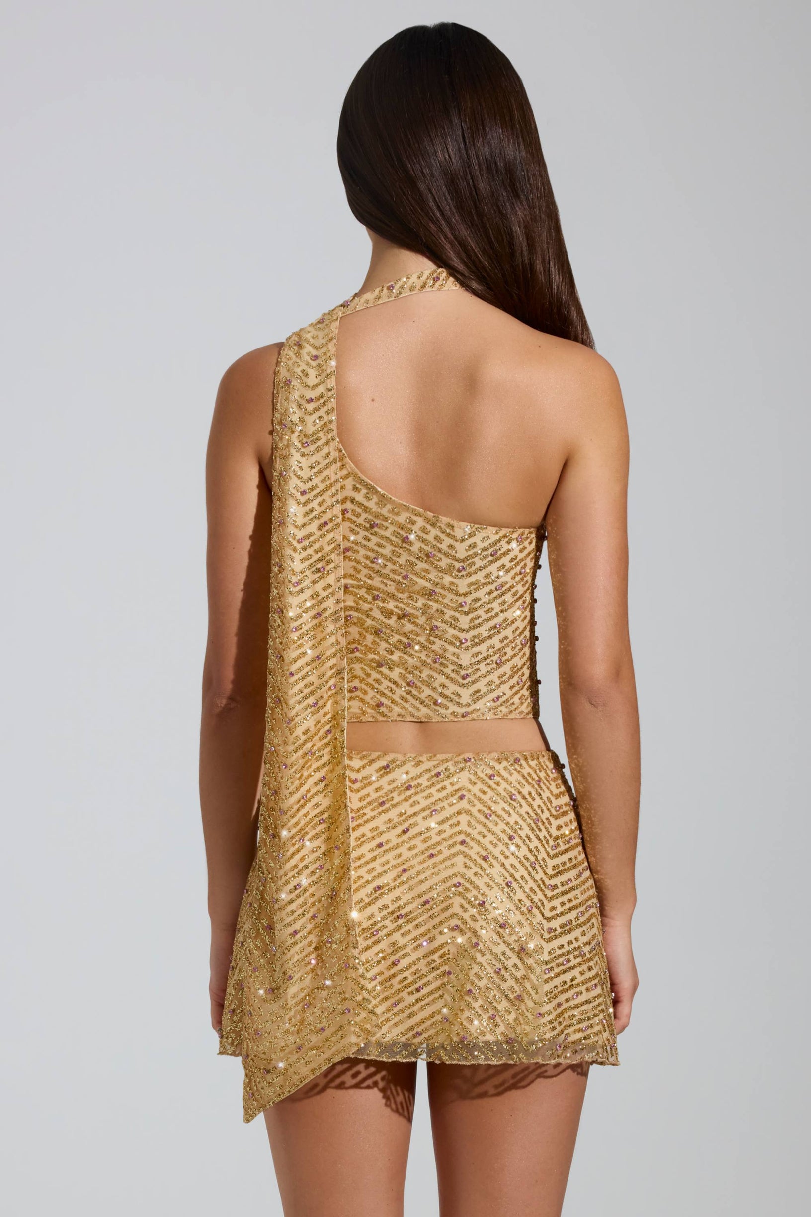 Embellished Asymmetric Scarf-Detail Top in Gold - 2
