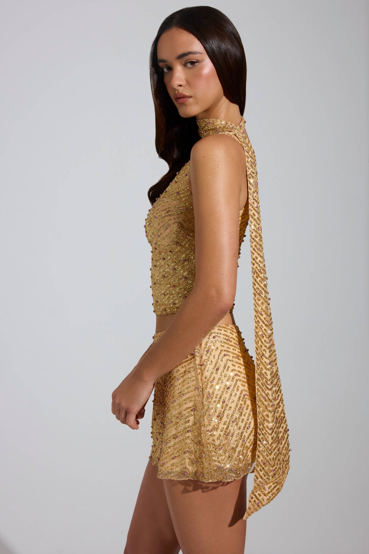Embellished Asymmetric Scarf-Detail Top in Gold - 3