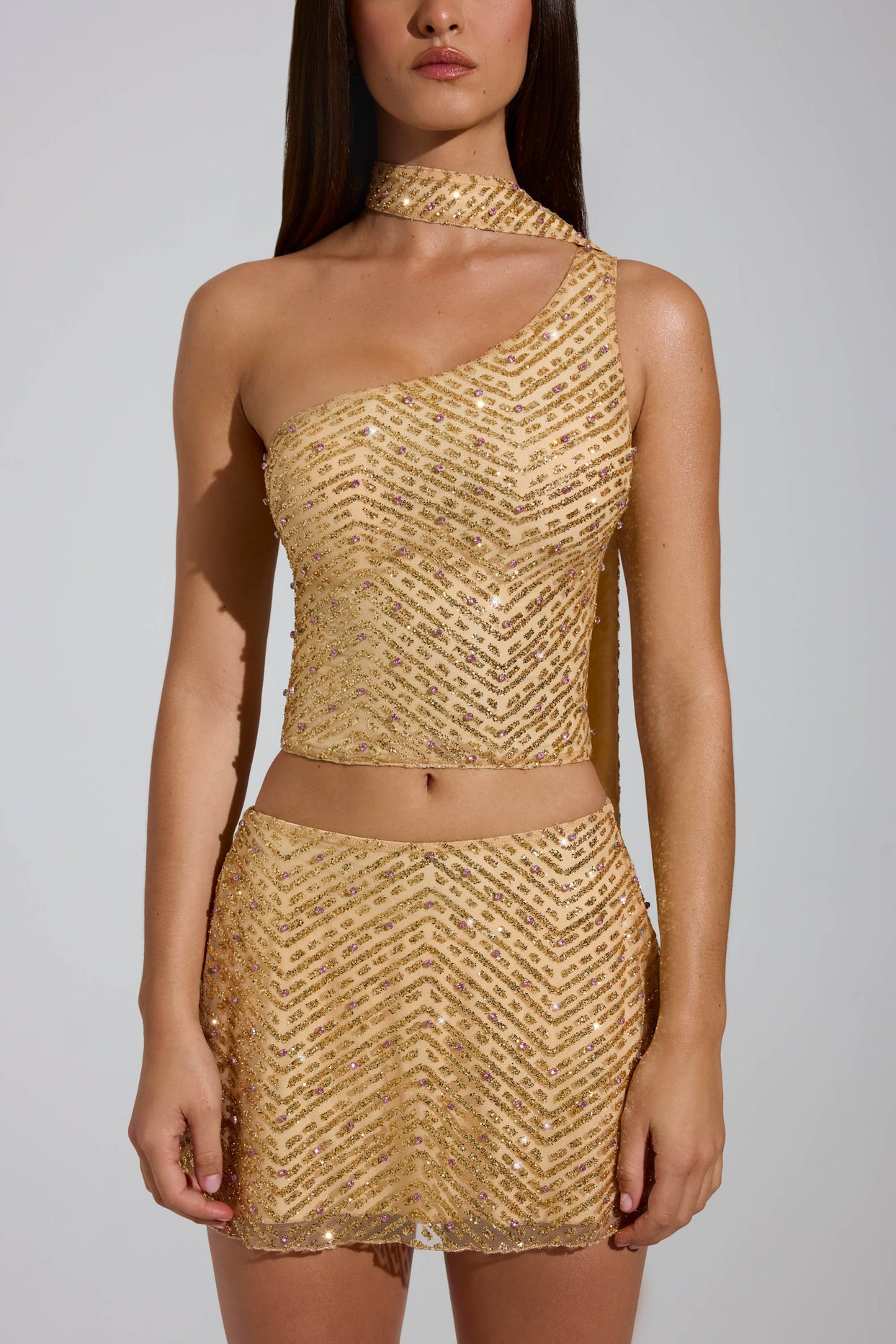 Embellished Asymmetric Scarf-Detail Top in Gold - 4