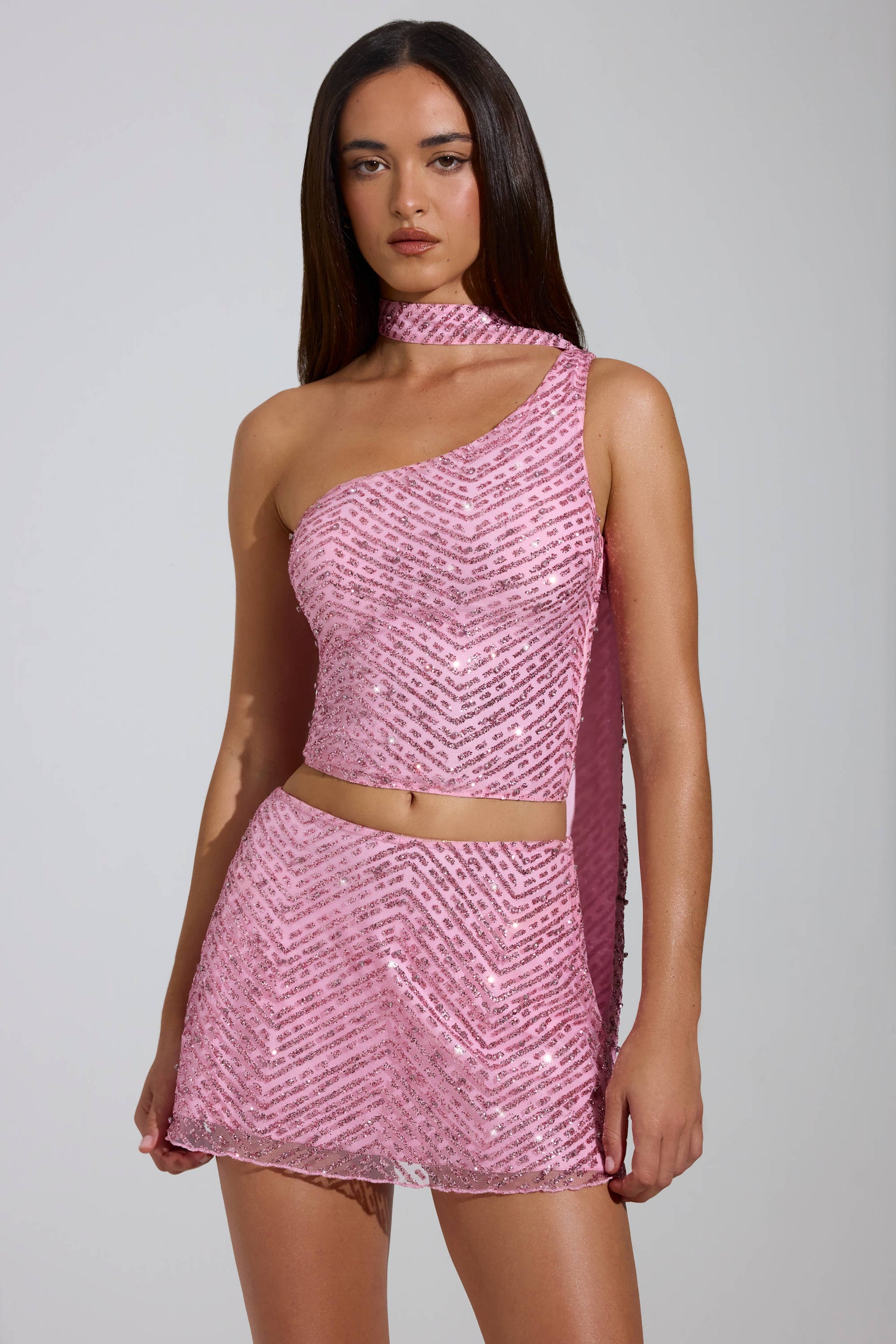 Embellished Asymmetric Scarf-Detail Top in Pink - 1