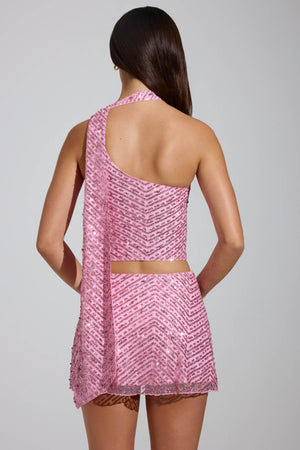 Embellished Scarf-Detail Asymmetric Top in Pink
