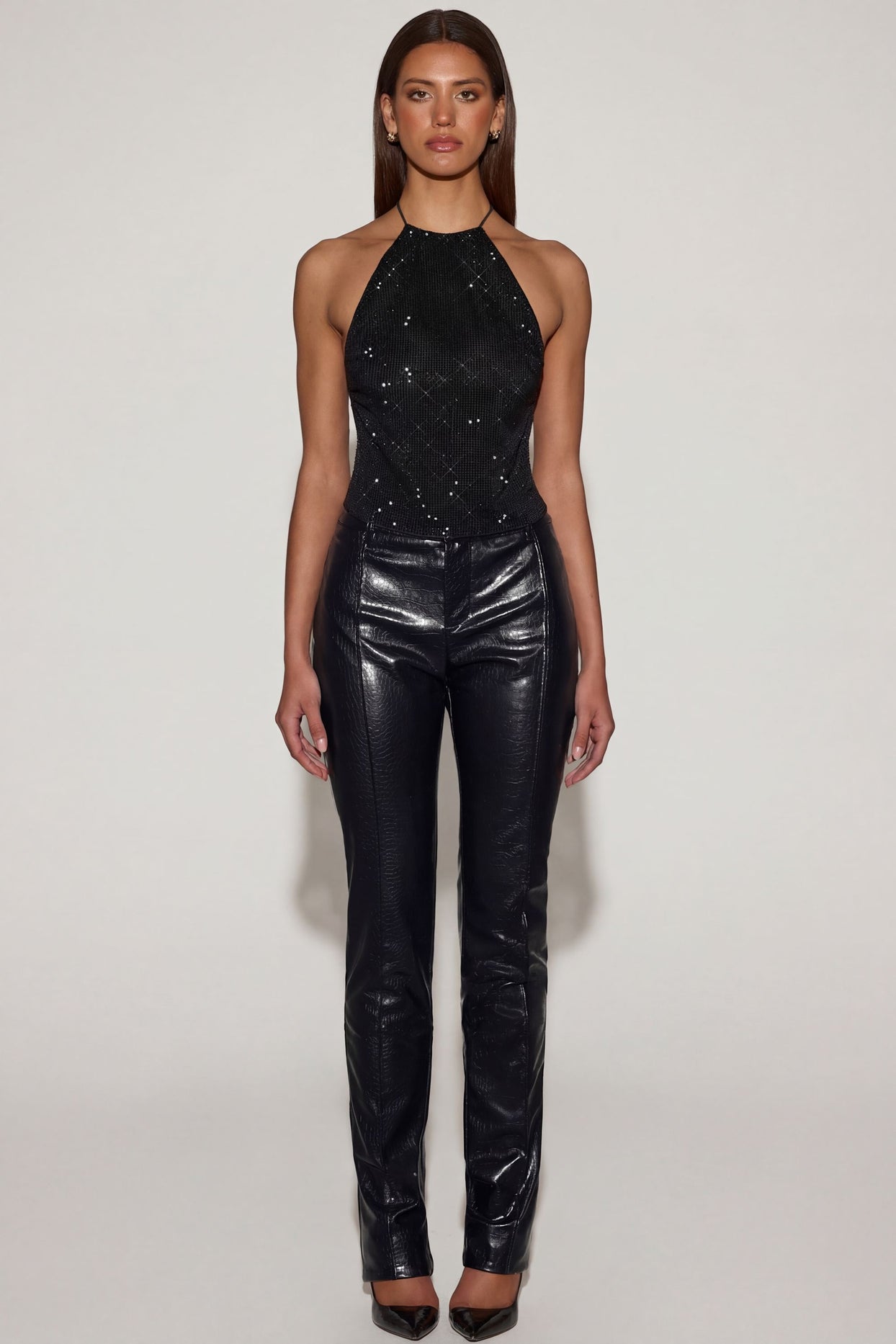 Faux Croc-Leather Straight-Leg Trousers in Black - 1