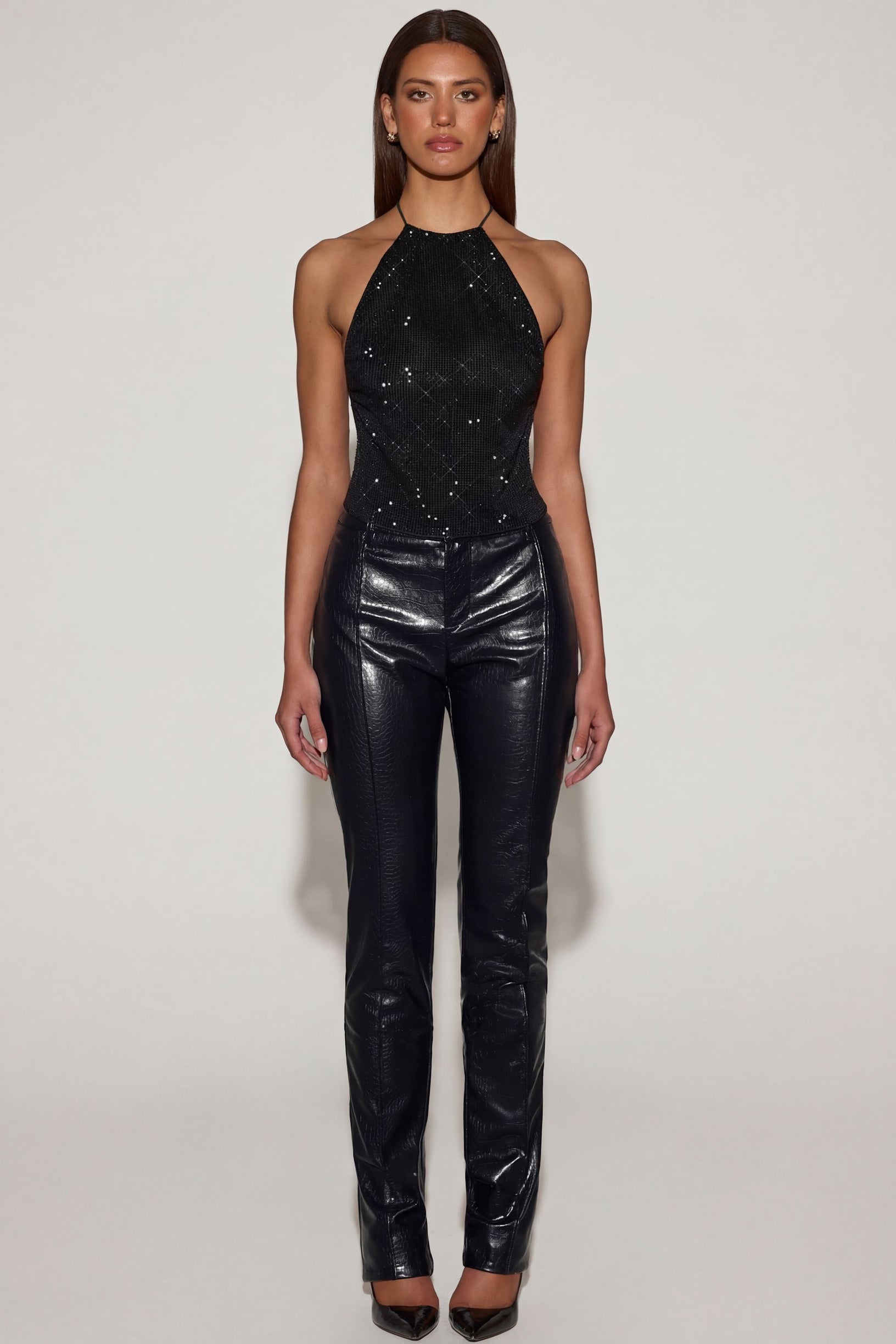 Faux Croc-Leather Straight-Leg Trousers in Black - 1