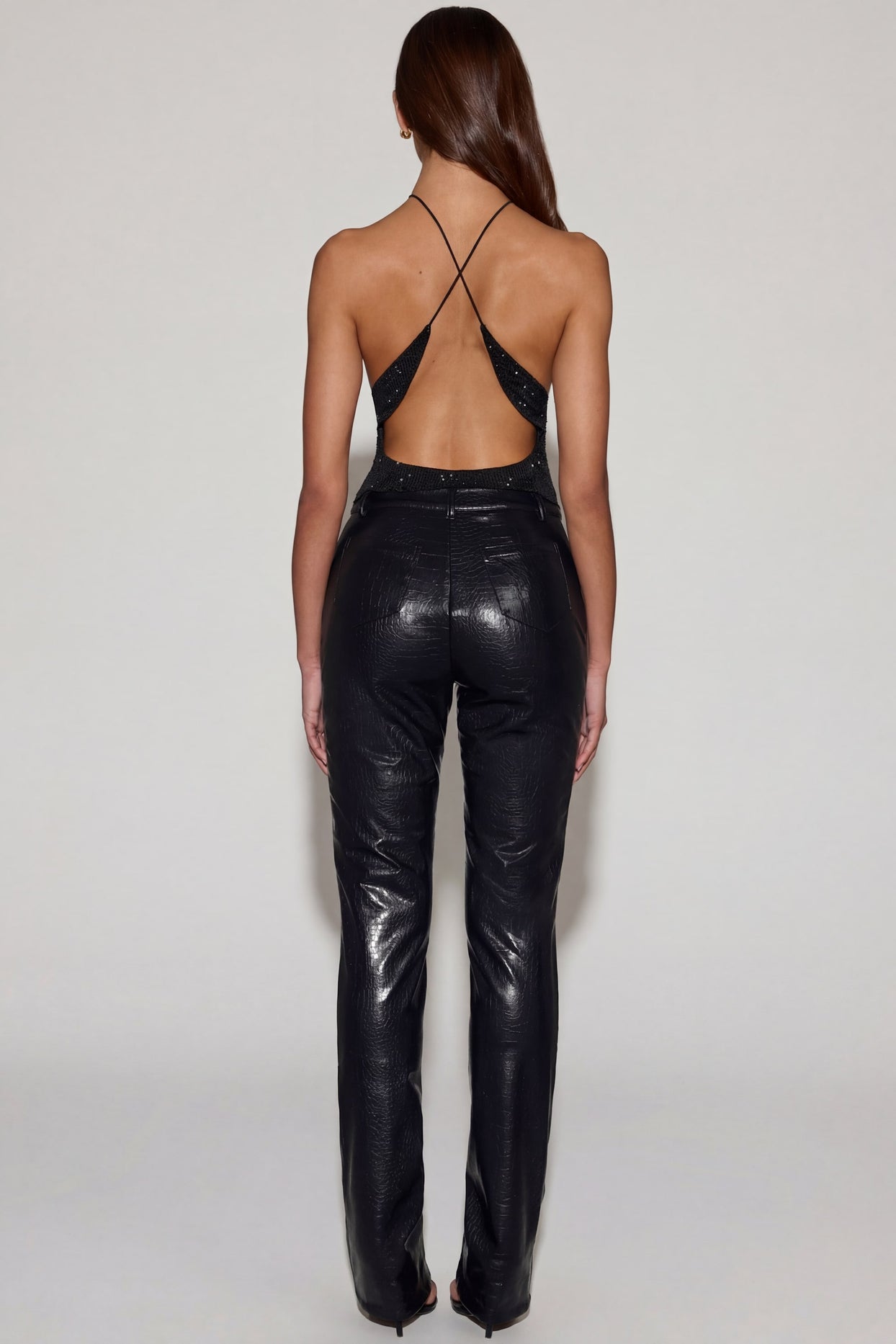 Faux Croc-Leather Straight-Leg Trousers in Black - 2
