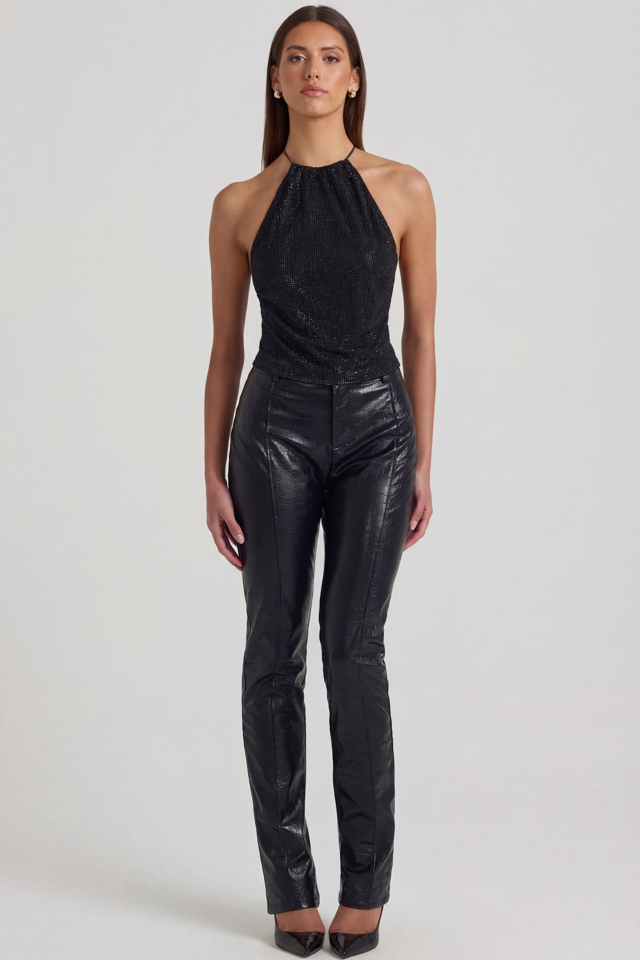 Faux Croc-Leather Straight-Leg Trousers in Black - 4