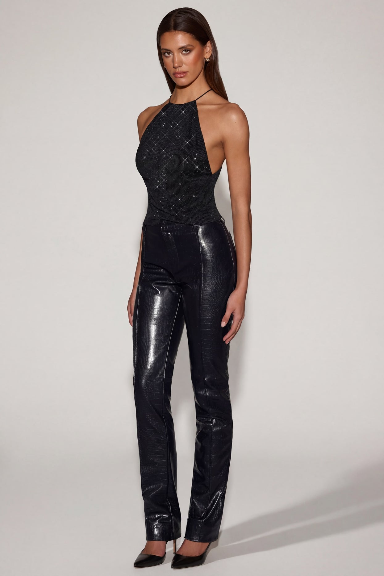 Faux Croc-Leather Straight-Leg Trousers in Black - 5