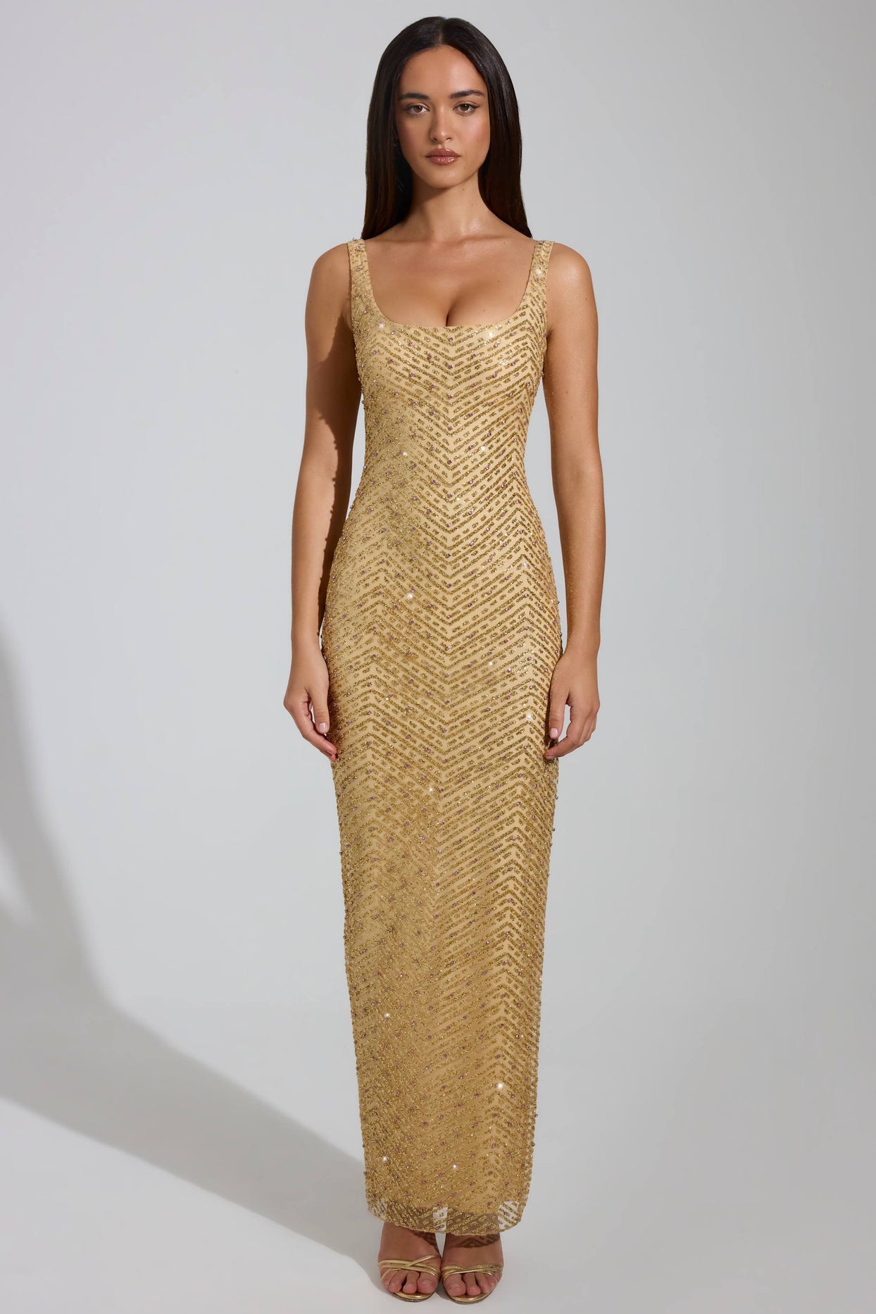 Embellished Scoop-Neck Thigh-Split Maxi Dress in Gold - 6