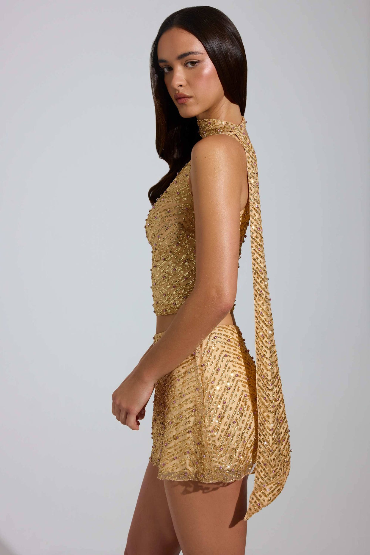 Embellished Low-Rise A-Line Micro Mini Skirt in Gold - 3