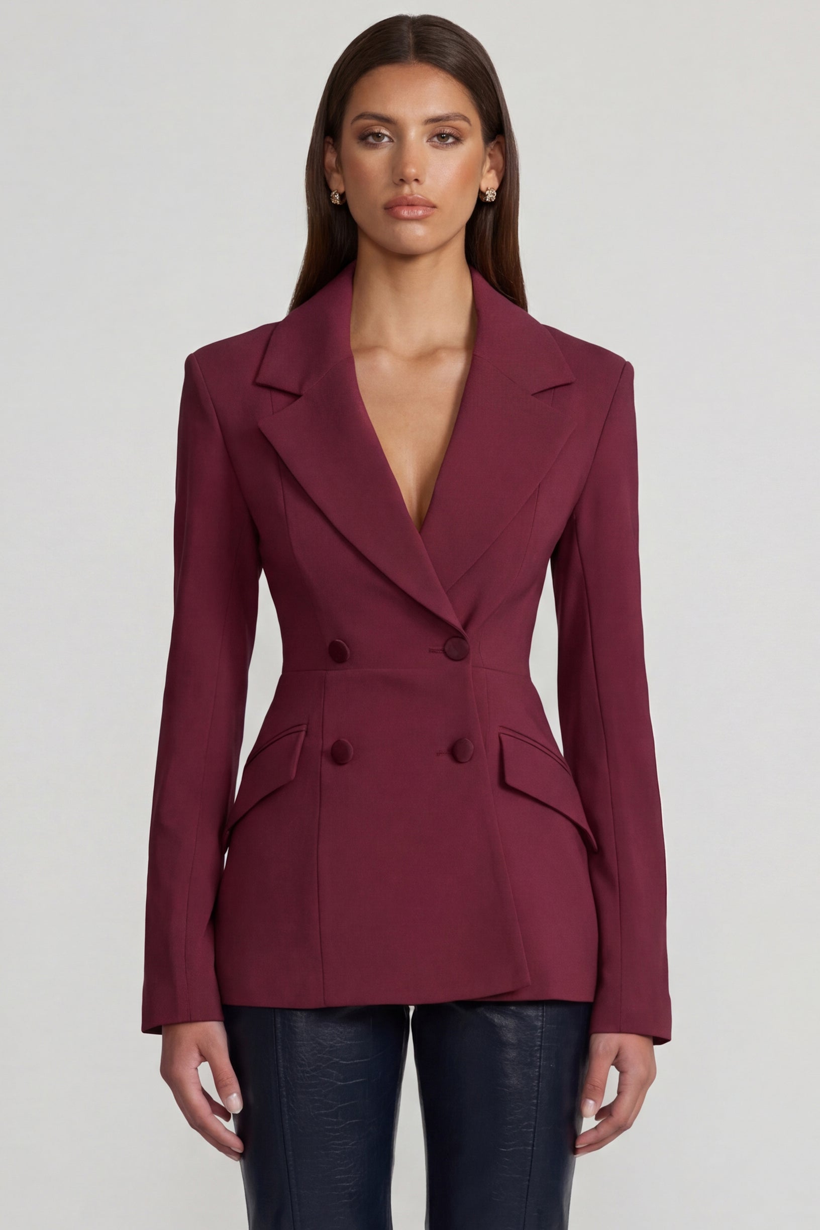 Structured Double-Breasted Blazer in Burgundy - 1