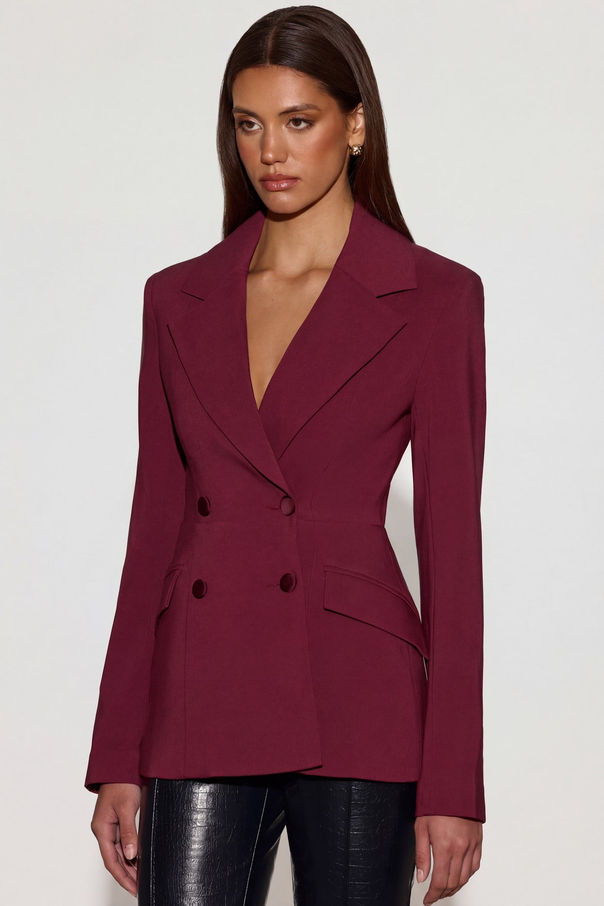Structured Double-Breasted Blazer in Burgundy - 5