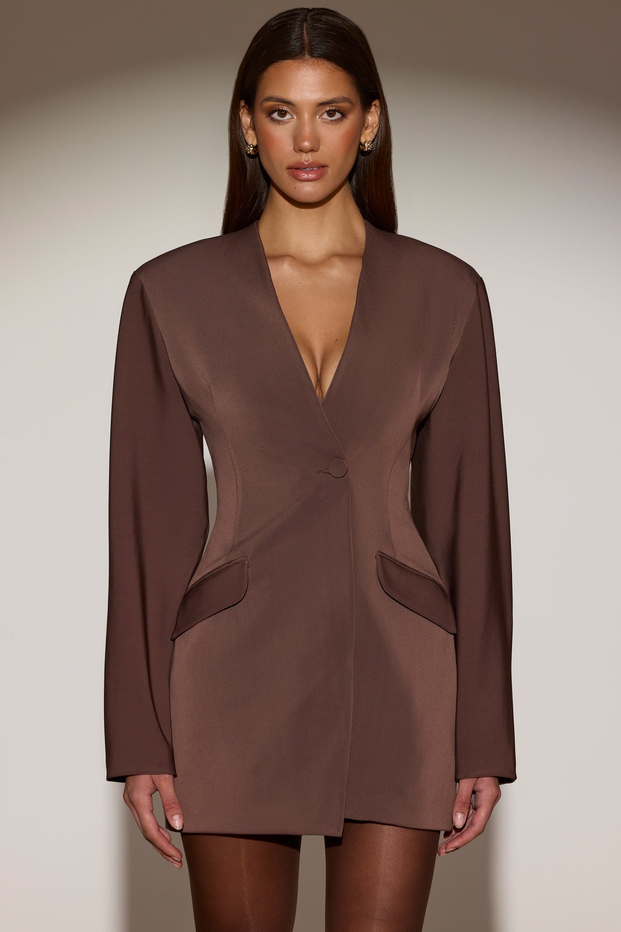 Single-Breasted Blazer Mini Dress in Chocolate Brown - 4