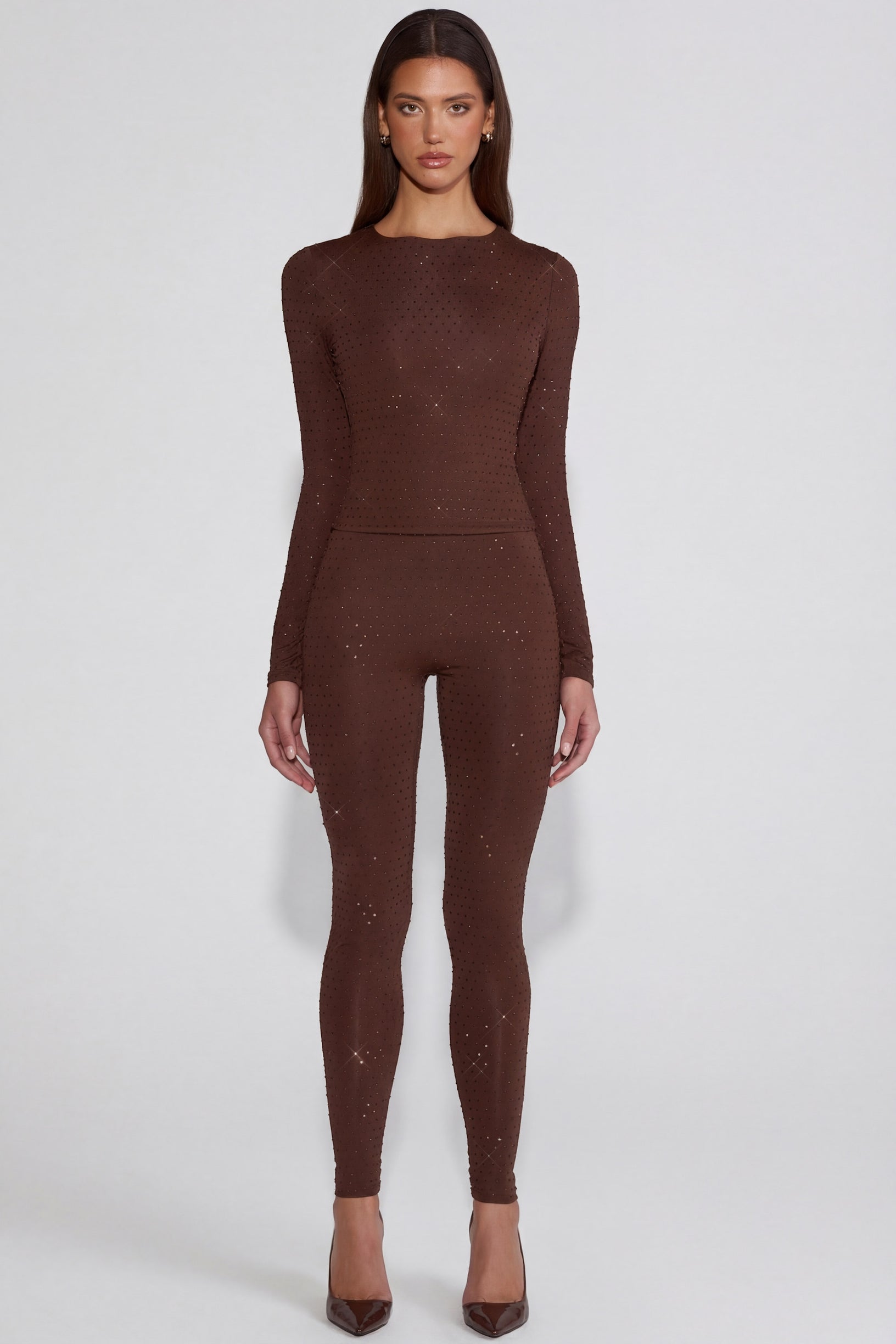 Embellished Jersey High-Waisted Leggings in Chocolate Brown - 1