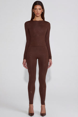 Oh Polly's Kayla wearing the Cassie Leggings in Chocolate Brown Square Hotfix fabric perfect for brunch with friends