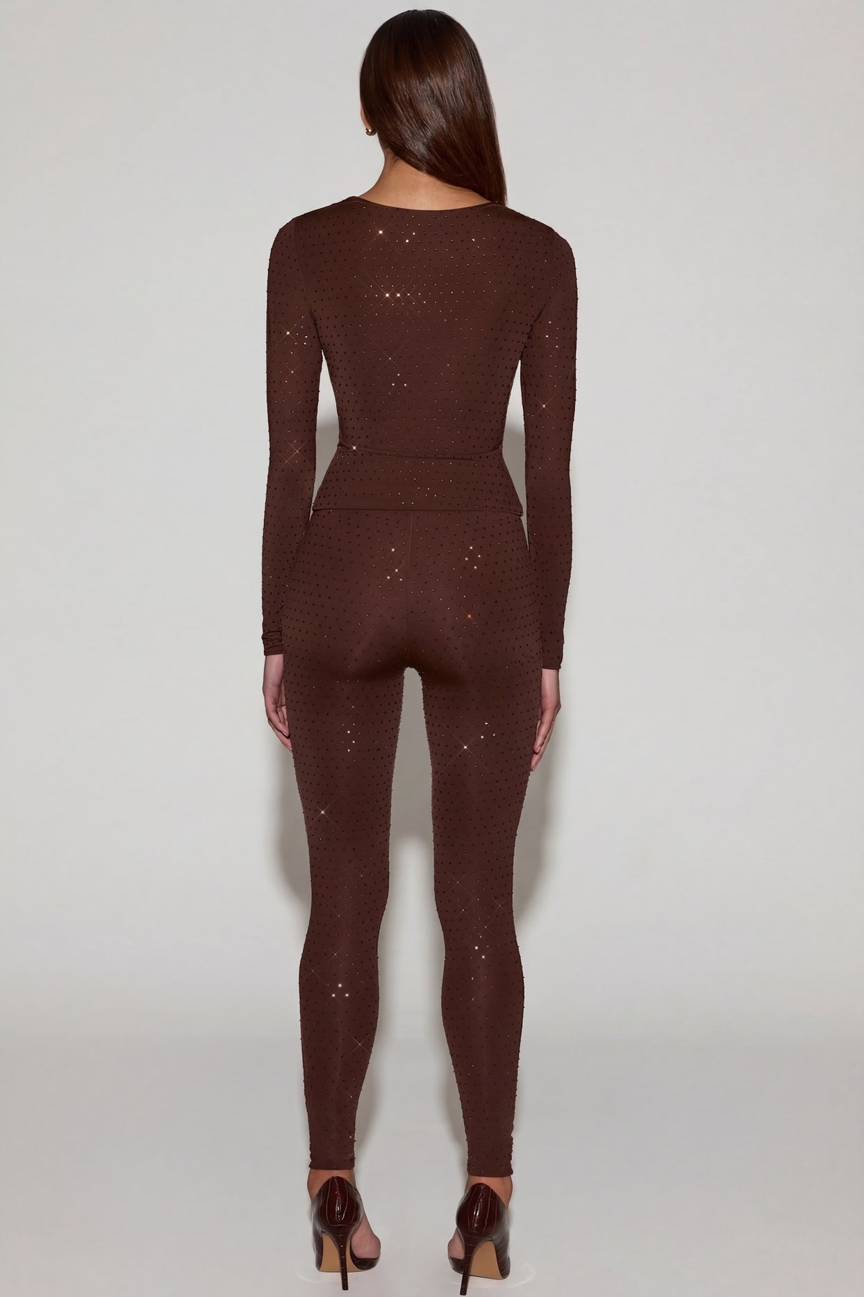 Embellished Jersey High-Waisted Leggings in Chocolate Brown - 2