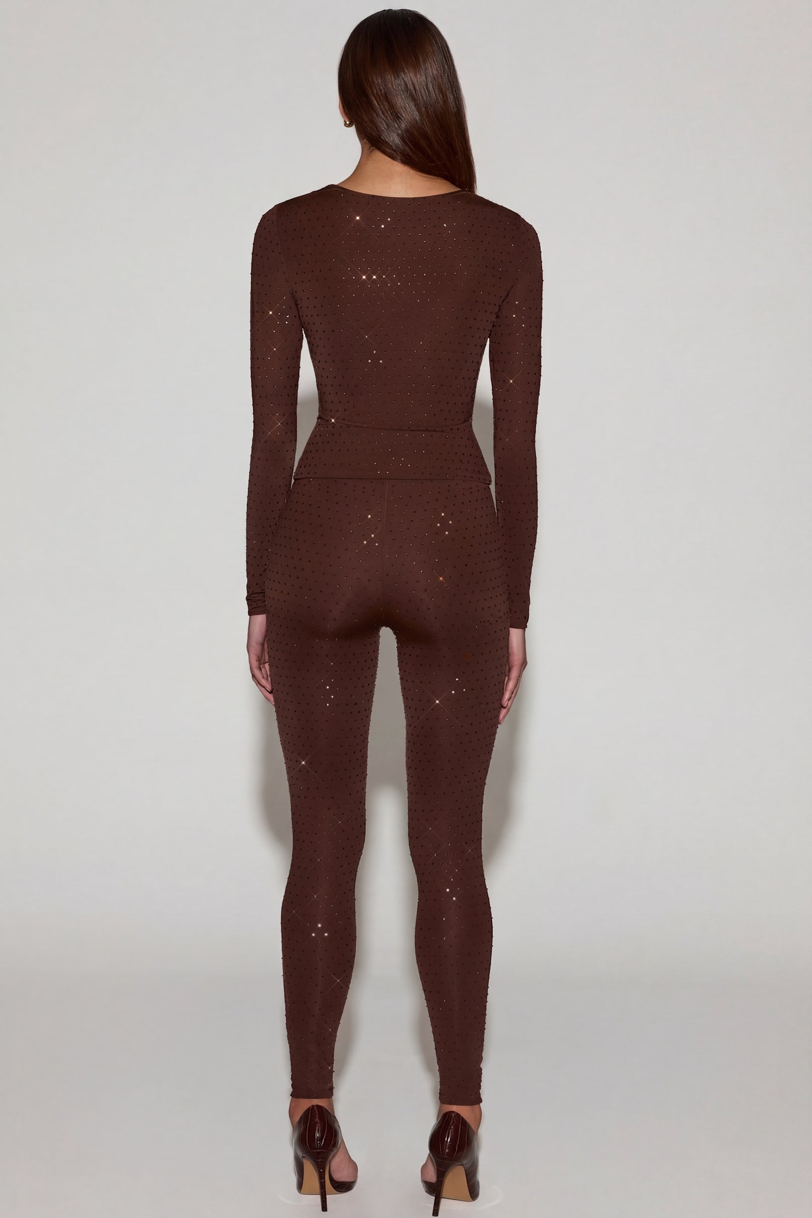 Embellished Jersey High-Waisted Leggings in Chocolate Brown - 2