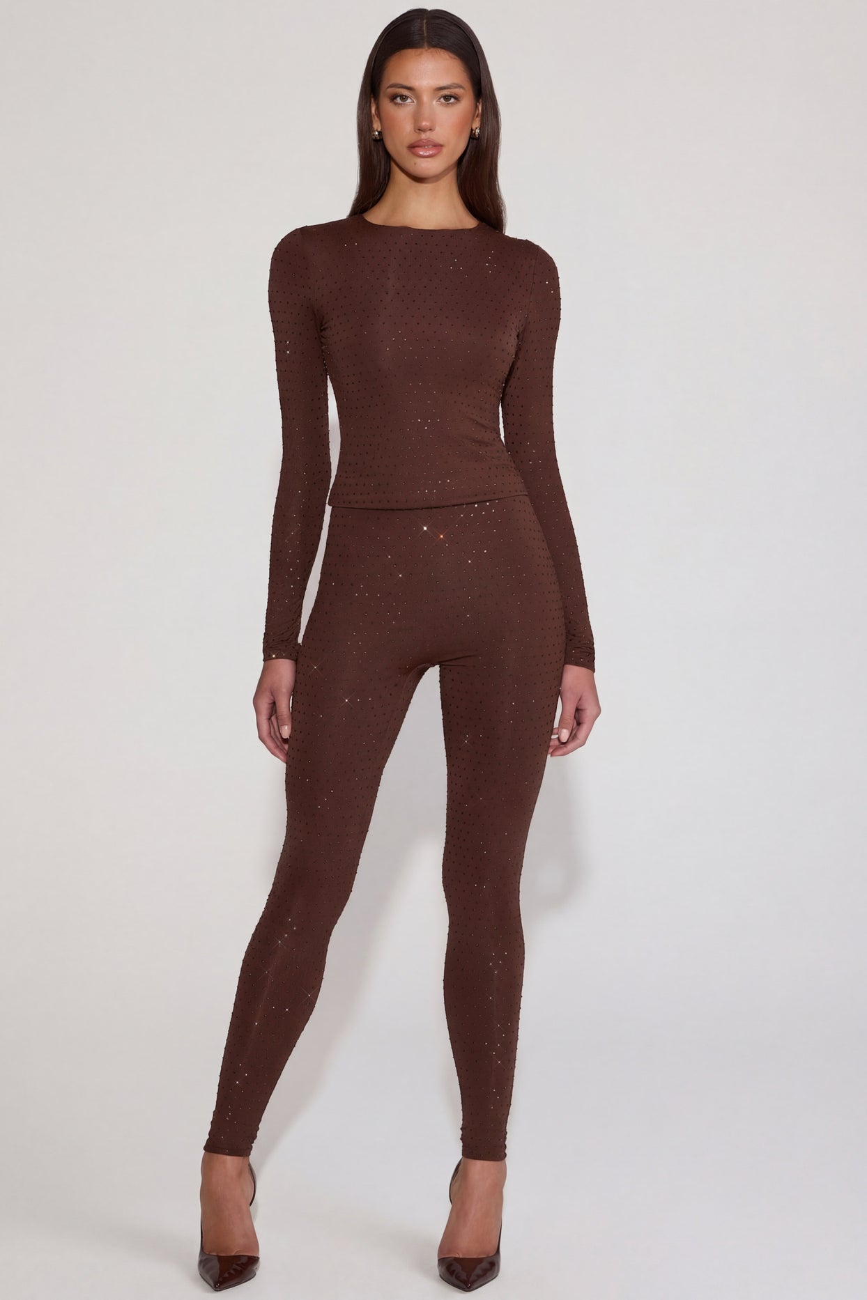 Embellished Jersey High-Waisted Leggings in Chocolate Brown - 5