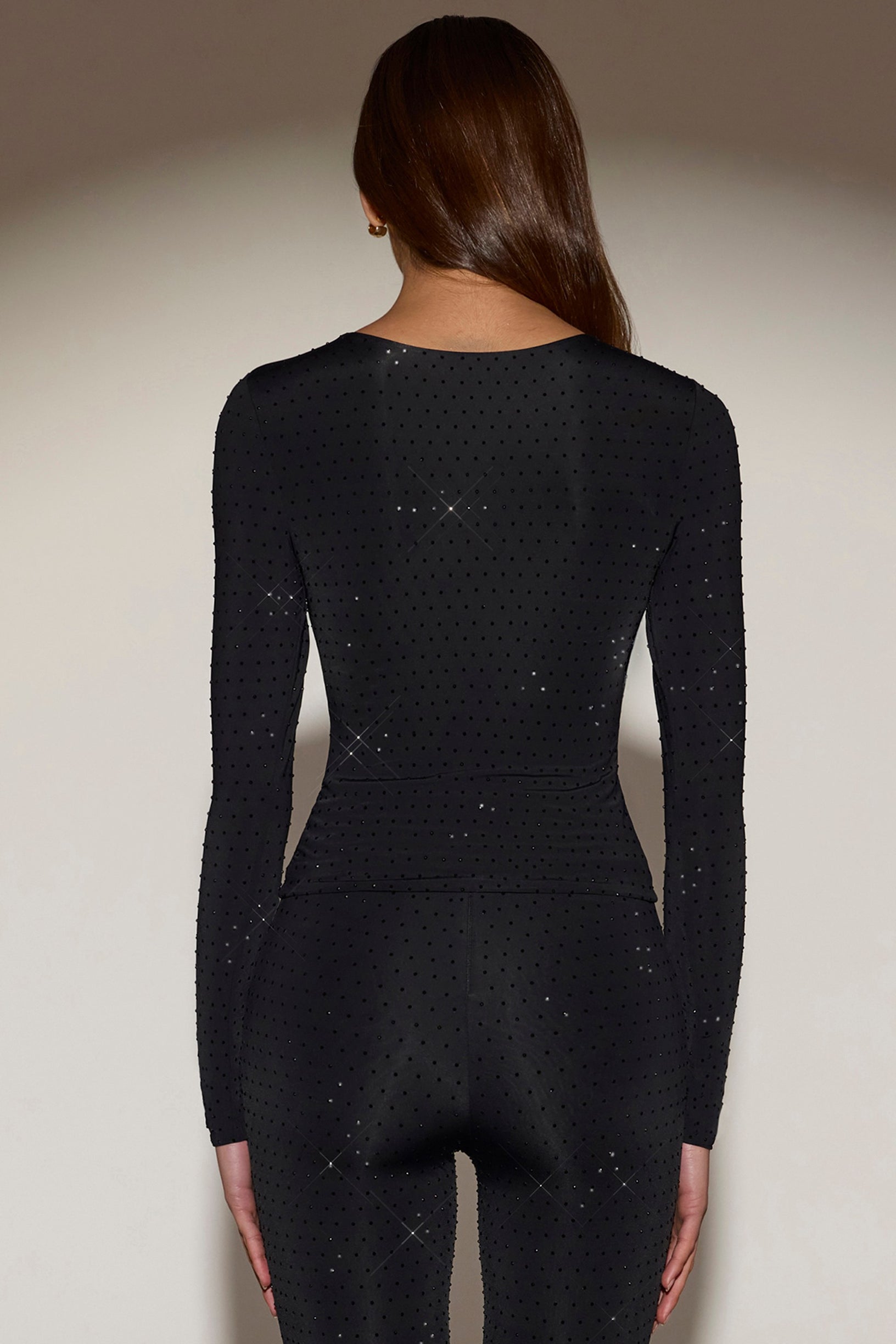 Embellished Crew-Neck Long-Sleeve Top in Black - 2