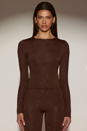 Embellished Long-Sleeve Top in Chocolate Brown