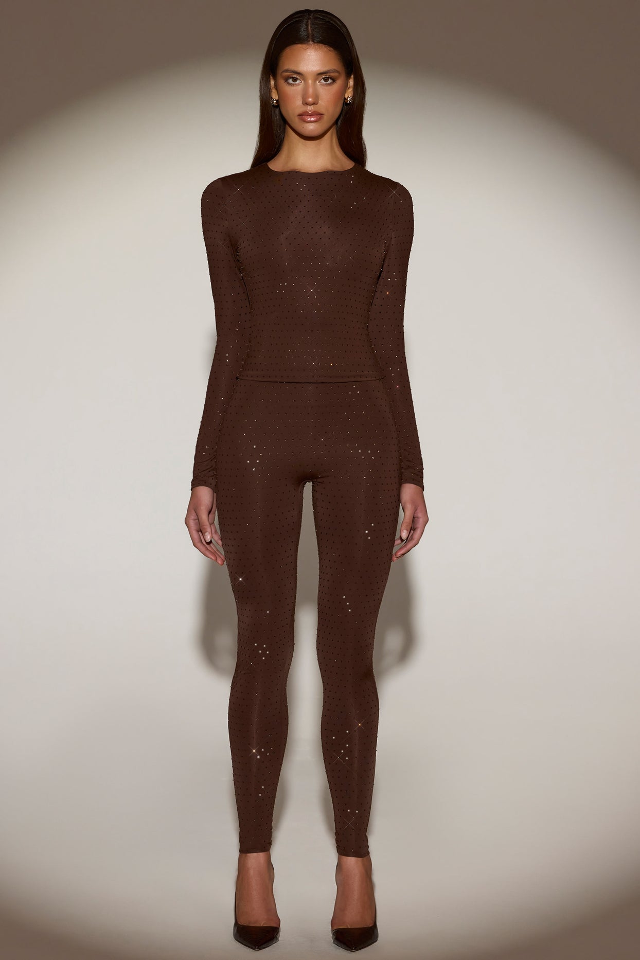 Embellished Crew-Neck Long-Sleeve Top in Chocolate Brown - 5