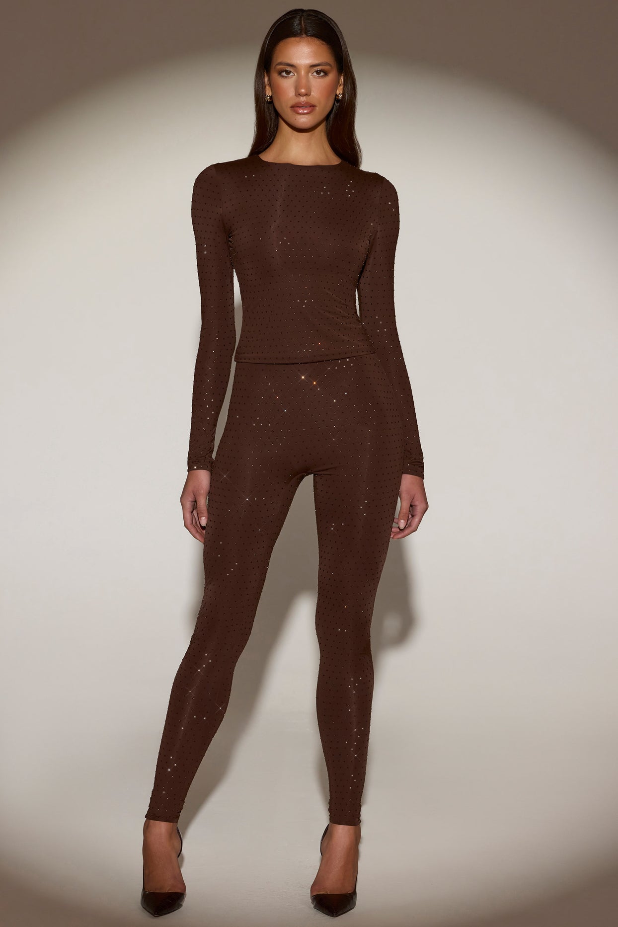 Embellished Crew-Neck Long-Sleeve Top in Chocolate Brown - 7