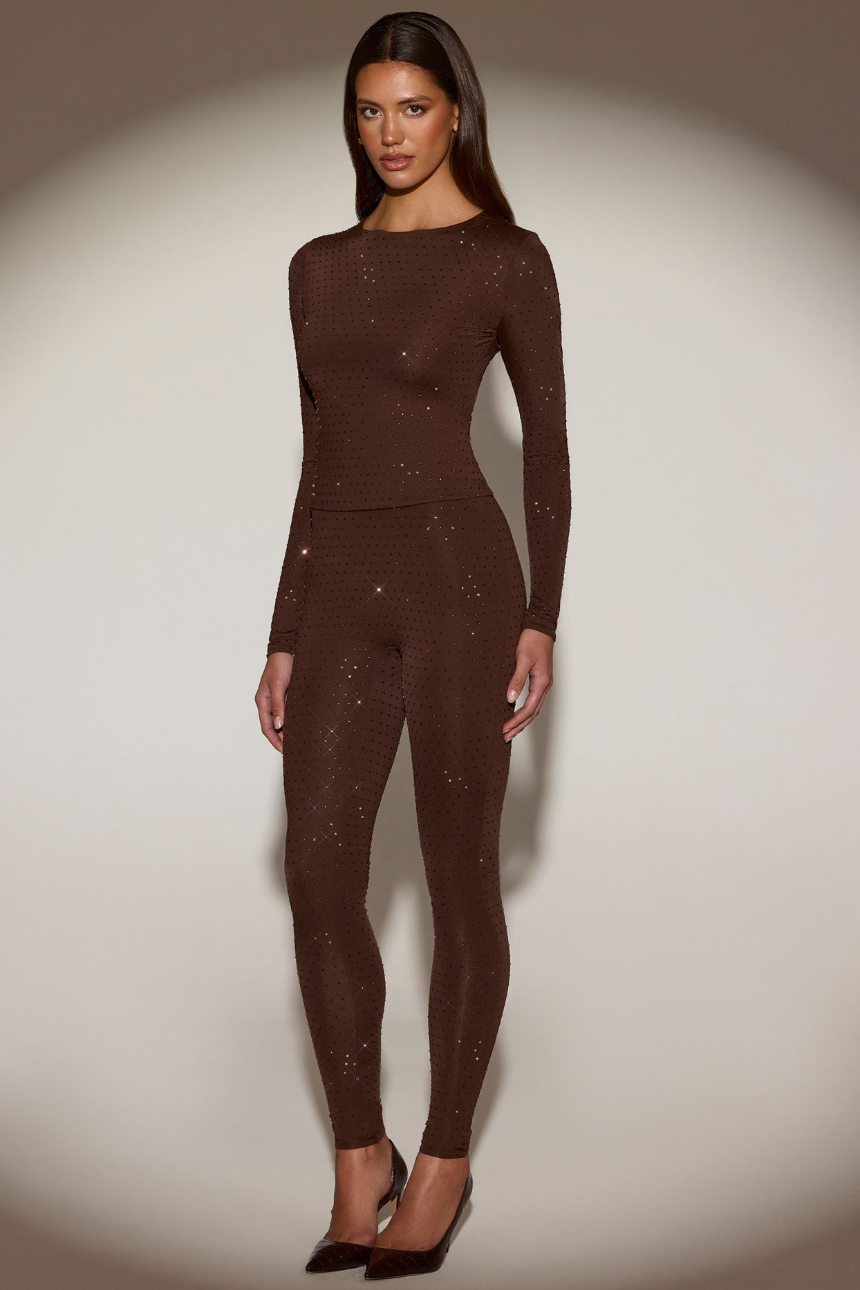 Embellished Crew-Neck Long-Sleeve Top in Chocolate Brown - 8