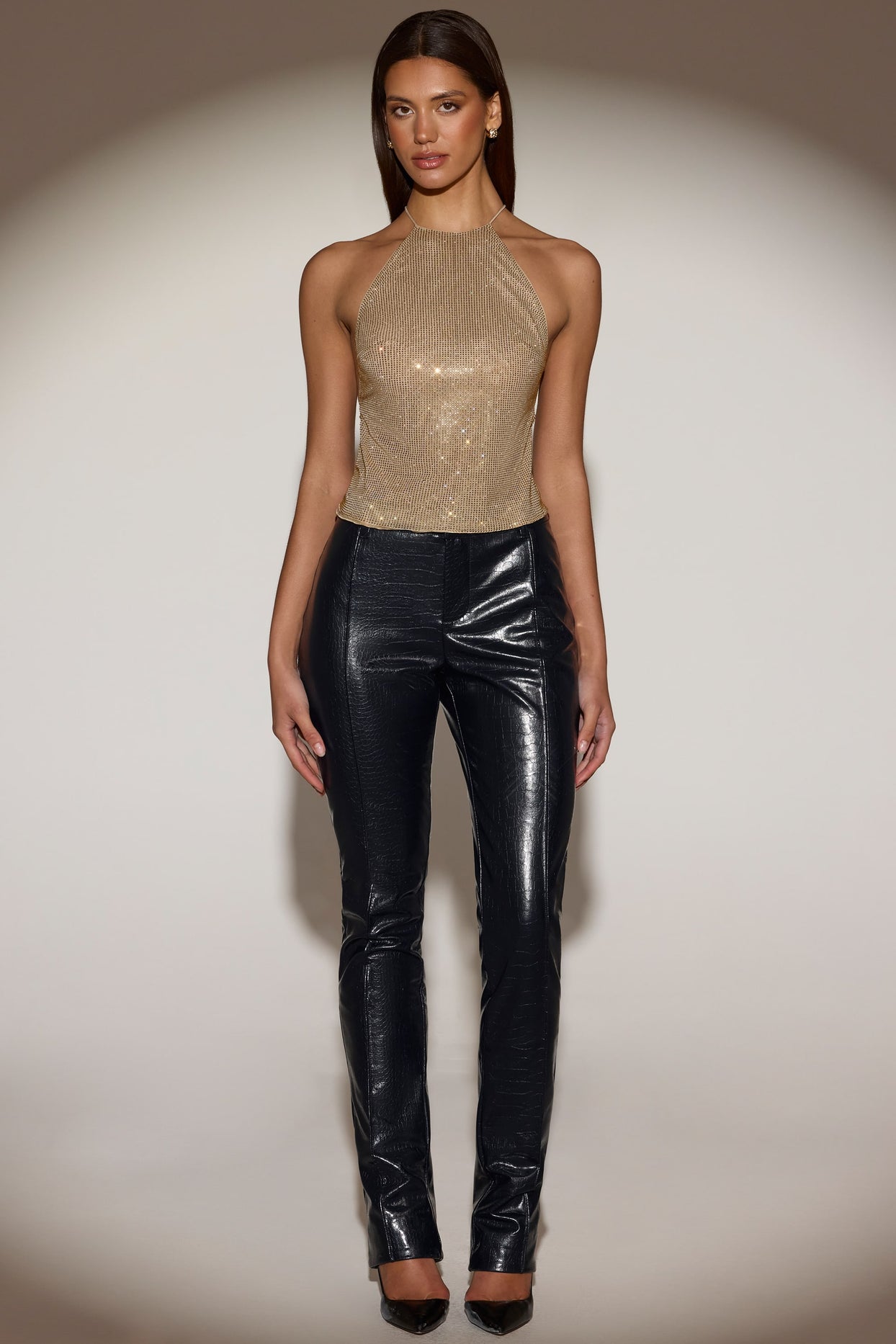 Embellished Jersey Halterneck Backless Top in Gold - 5