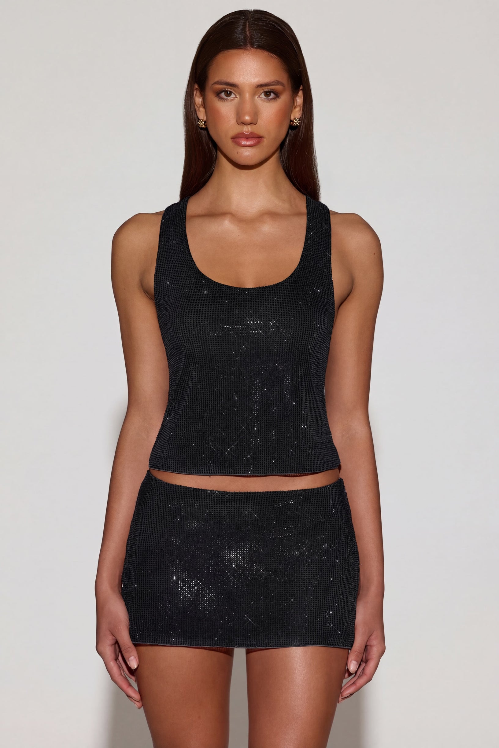 Embellished Jersey Scoop-Neck Racerback Top in Black - 1