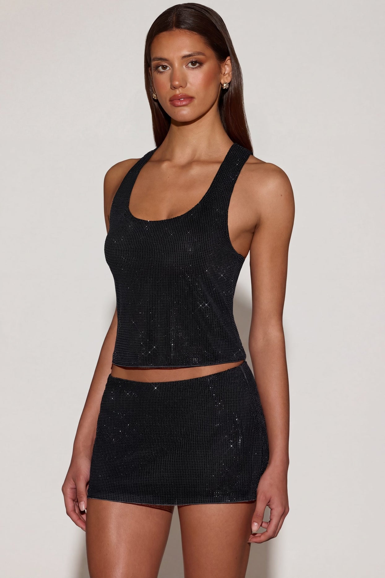Embellished Jersey Scoop-Neck Racerback Top in Black - 6