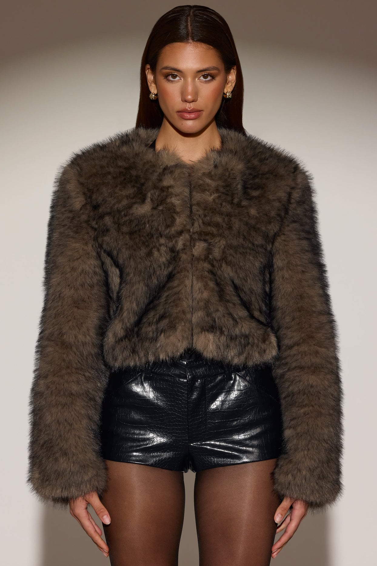 Cropped Faux-Fur Jacket in Chocolate Brown - 4