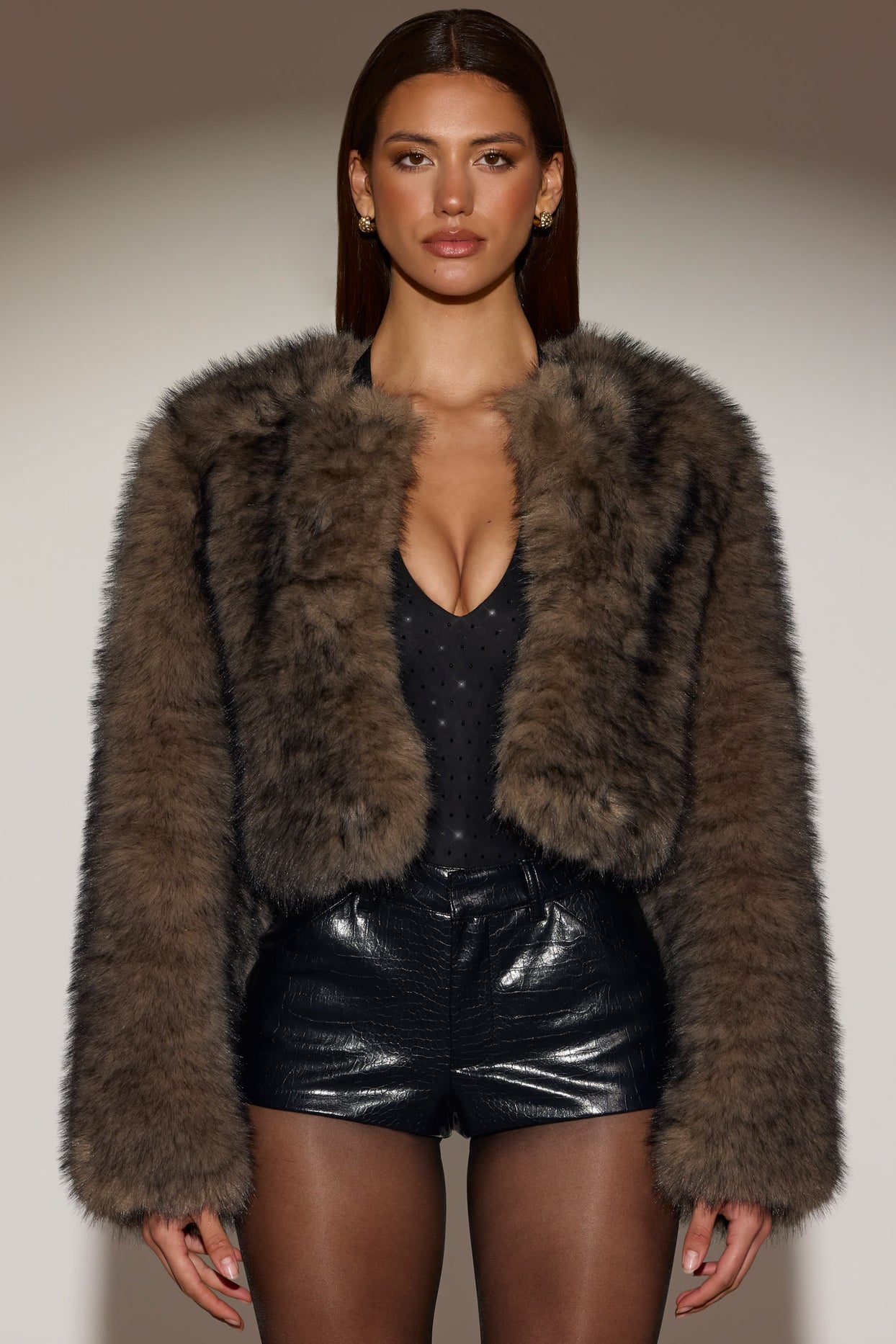 Cropped Faux-Fur Jacket in Chocolate Brown - 1
